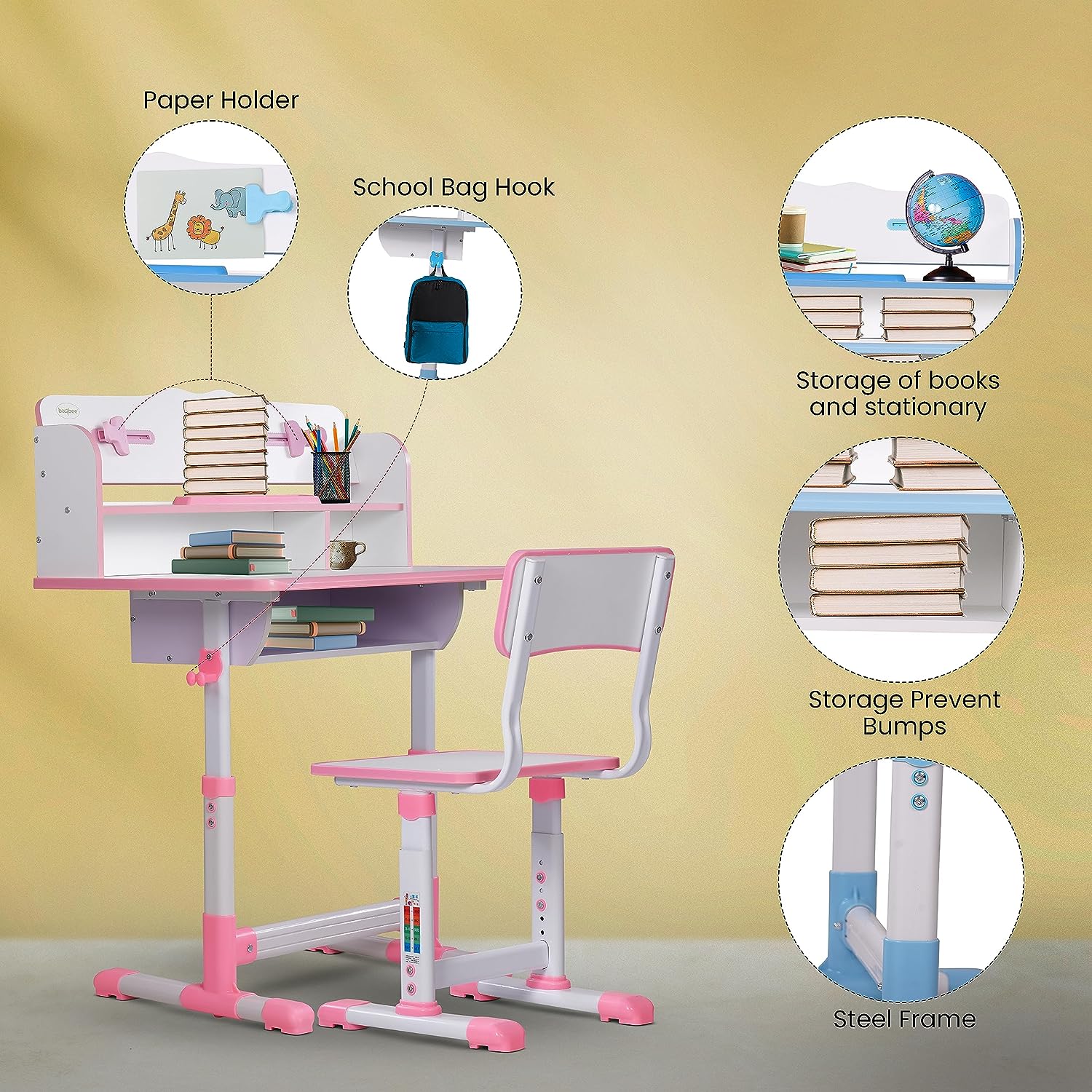 Minikin Pinnacle Multi Functional Wooden Kids Study Table I Hight Adjustable Design I 3-15 Years