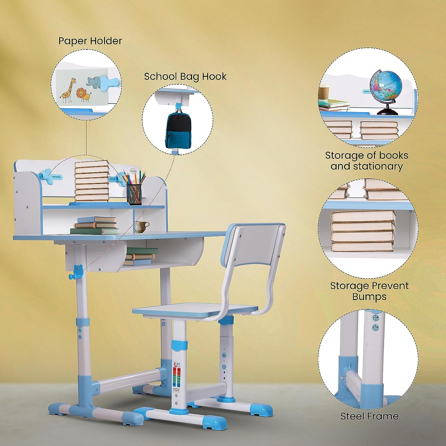 Minikin Pinnacle Multi Functional Wooden Kids Study Table I Hight Adjustable Design I 3-15 Years