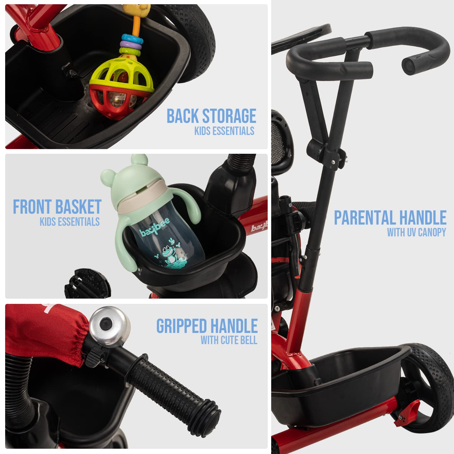 Minikin Canopy Trike I Parental Push Handle I Eva Wheels I Anti Fall Bar I Safety Seat Belt I 1-5 Years I Red