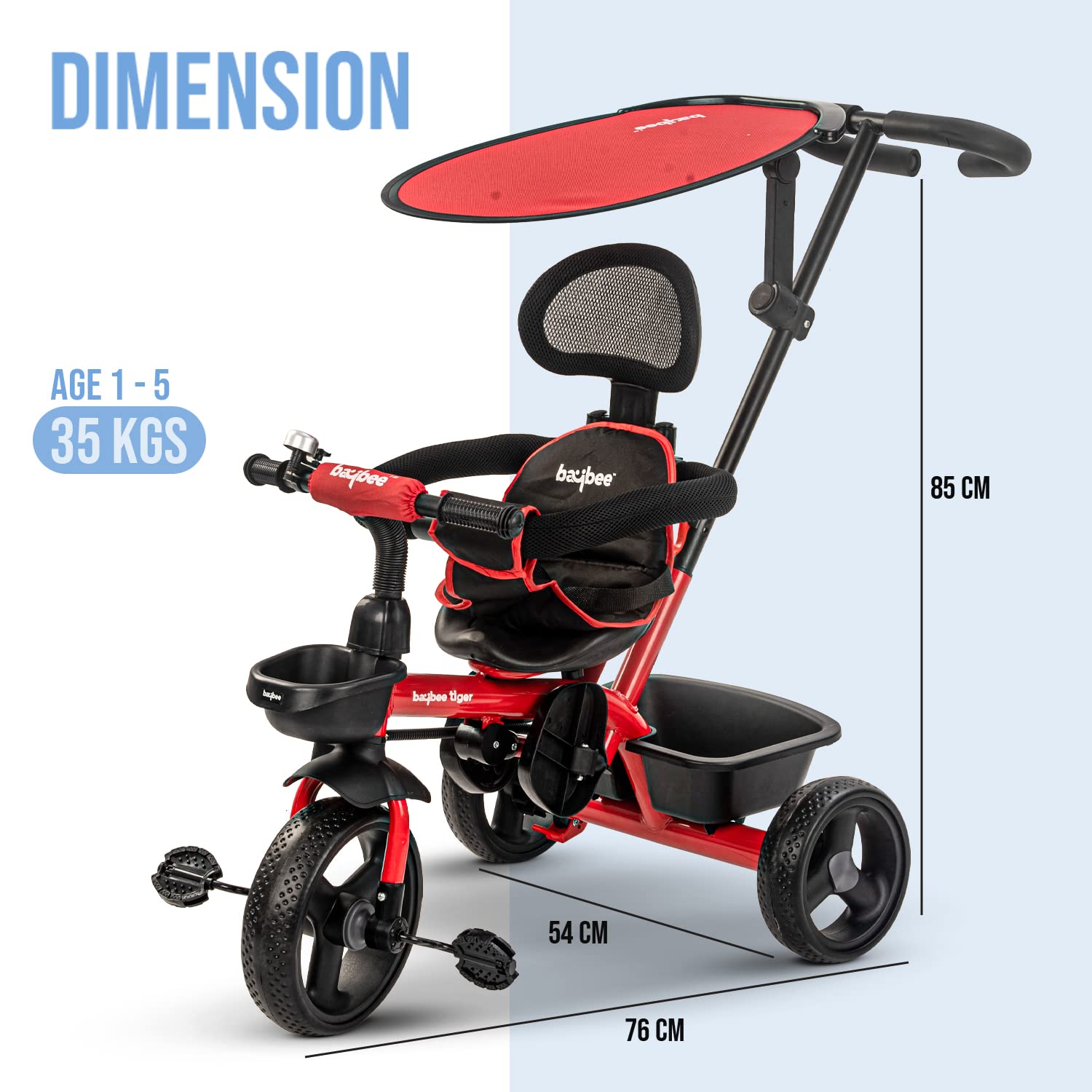 Minikin Canopy Trike I Parental Push Handle I Eva Wheels I Anti Fall Bar I Safety Seat Belt I 1-5 Years I Red