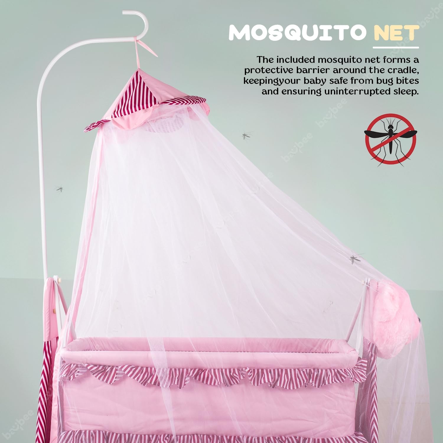 Minikin Fuffy Baby Swing Cradle I Canopy Mosquito Net I Storage Basket I Portable with Wheels I NB - 1 year I Pink