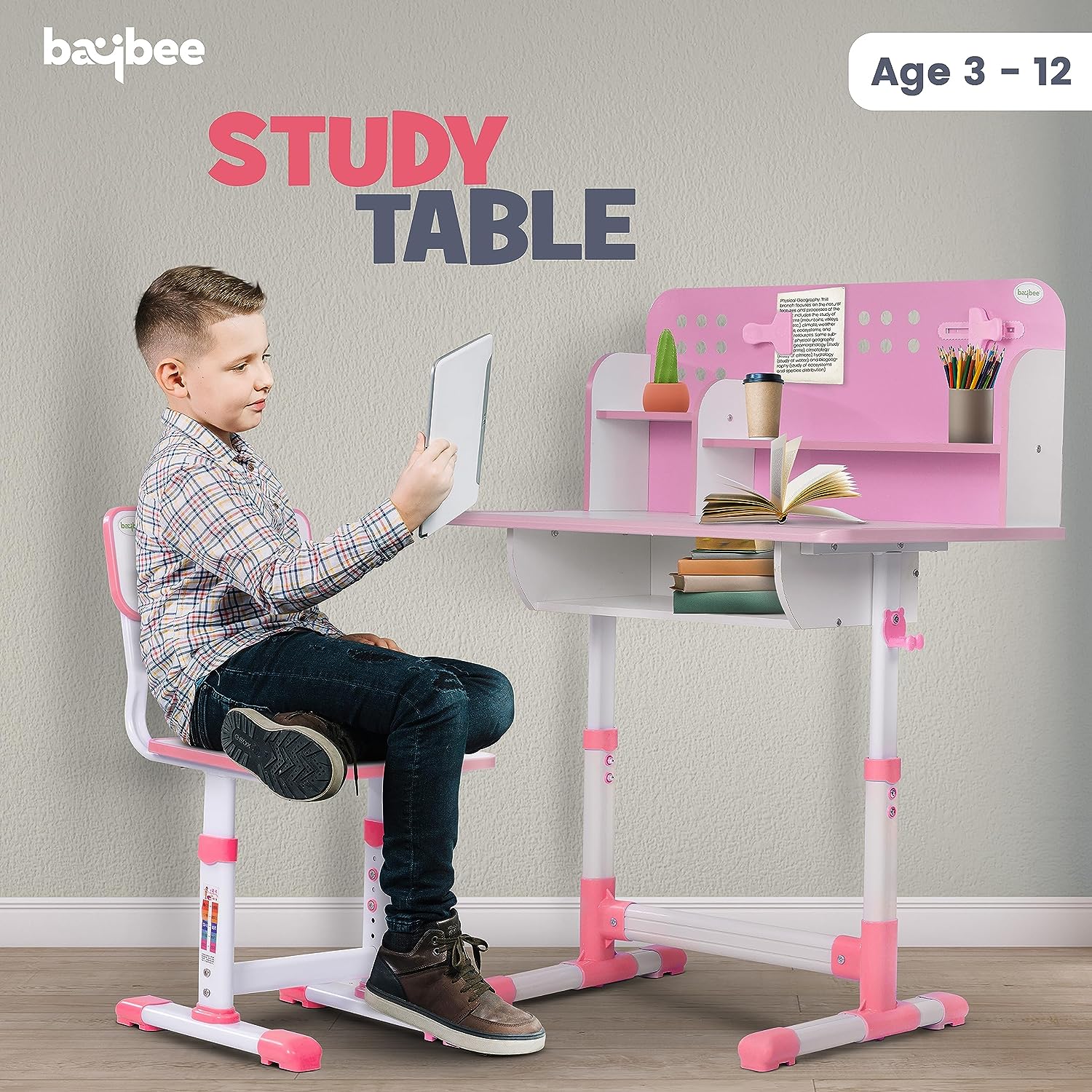 Minikin Crown Wooden Study Table Set I Height Adjustable Design I 3-15 Years