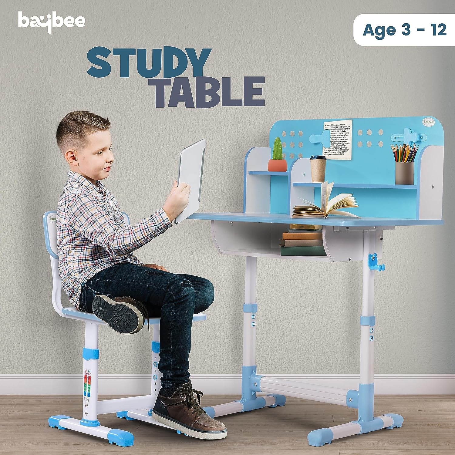 Minikin Crown Wooden Study Table Set I Height Adjustable Design I 3-15 Years