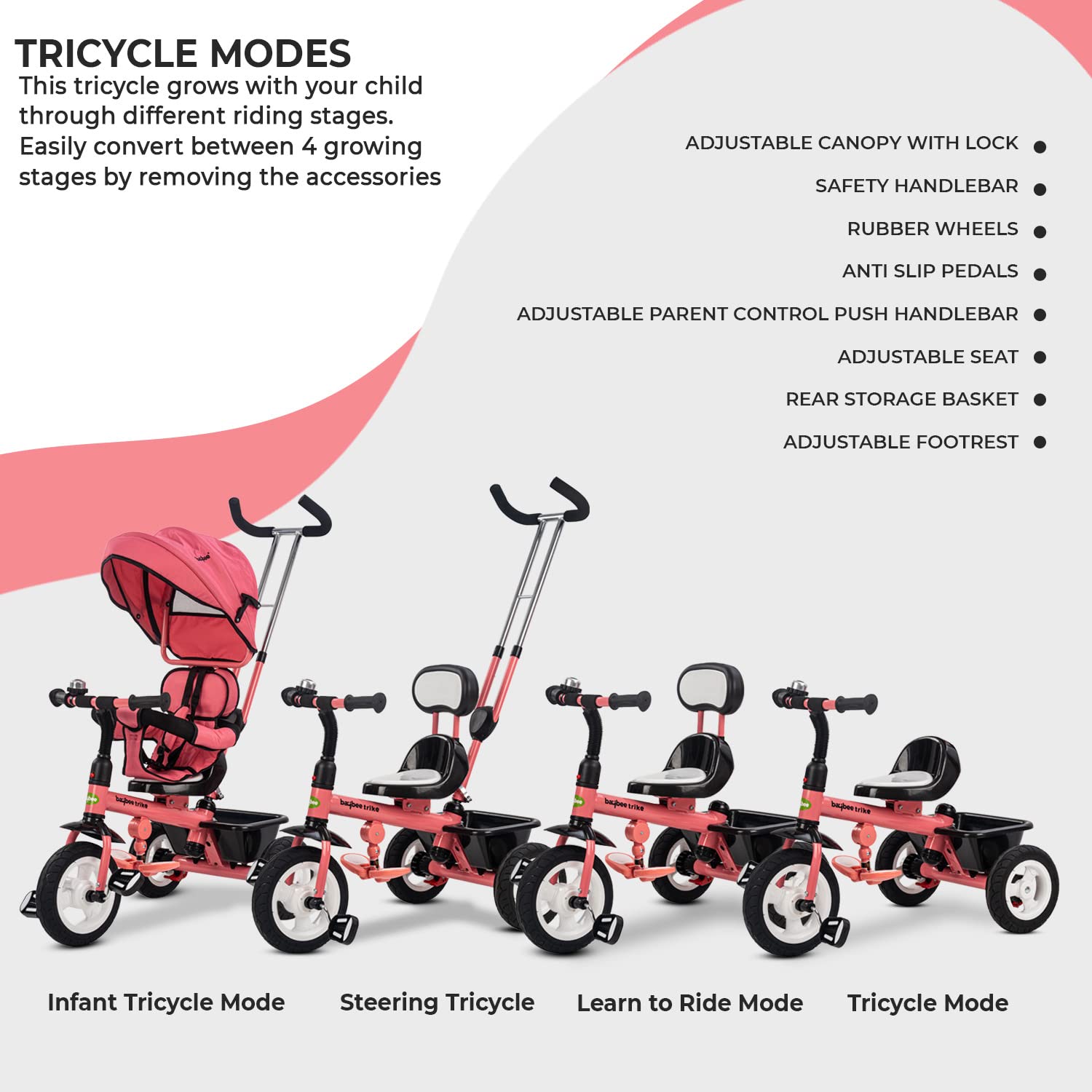 Mario Baby Sportz Trikes for Kids I Parental Adjust Push Handle I Tubeless Rubber Wheels I Foldable Canopy I 6M - 6 Years