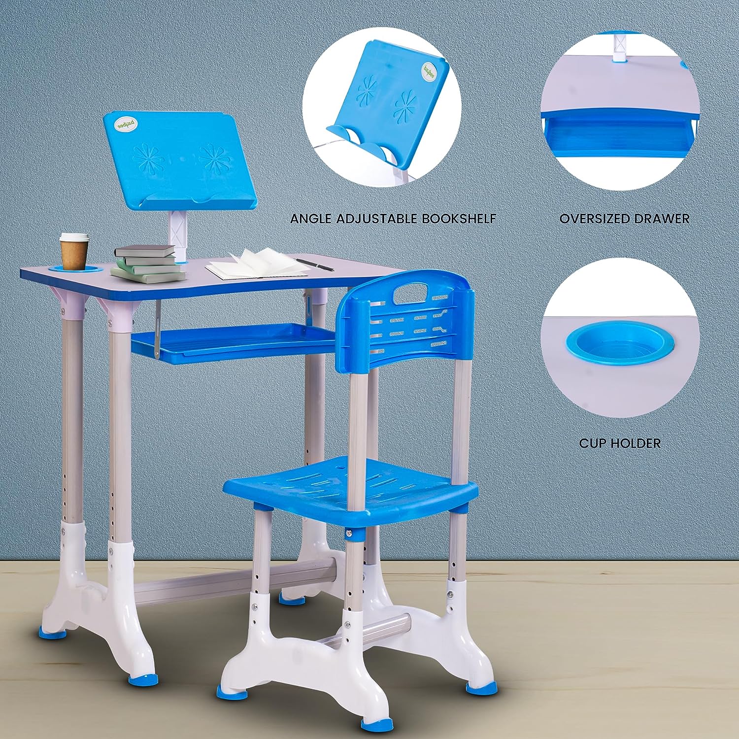 Minikin Intellect Functional Study Desk and Chair Set I Height Adjustable Study Table with Tablet Holder I 3-15 Years