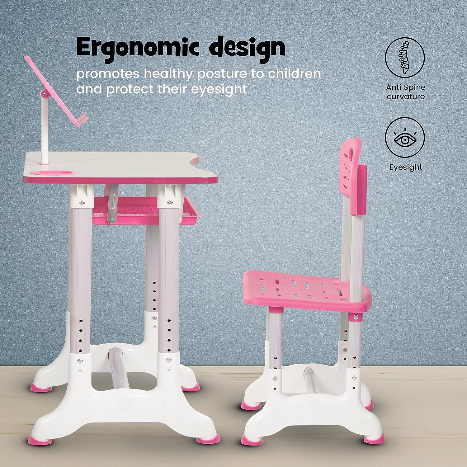 Minikin Intellect Functional Study Desk and Chair Set I Height Adjustable Study Table with Tablet Holder I 3-15 Years