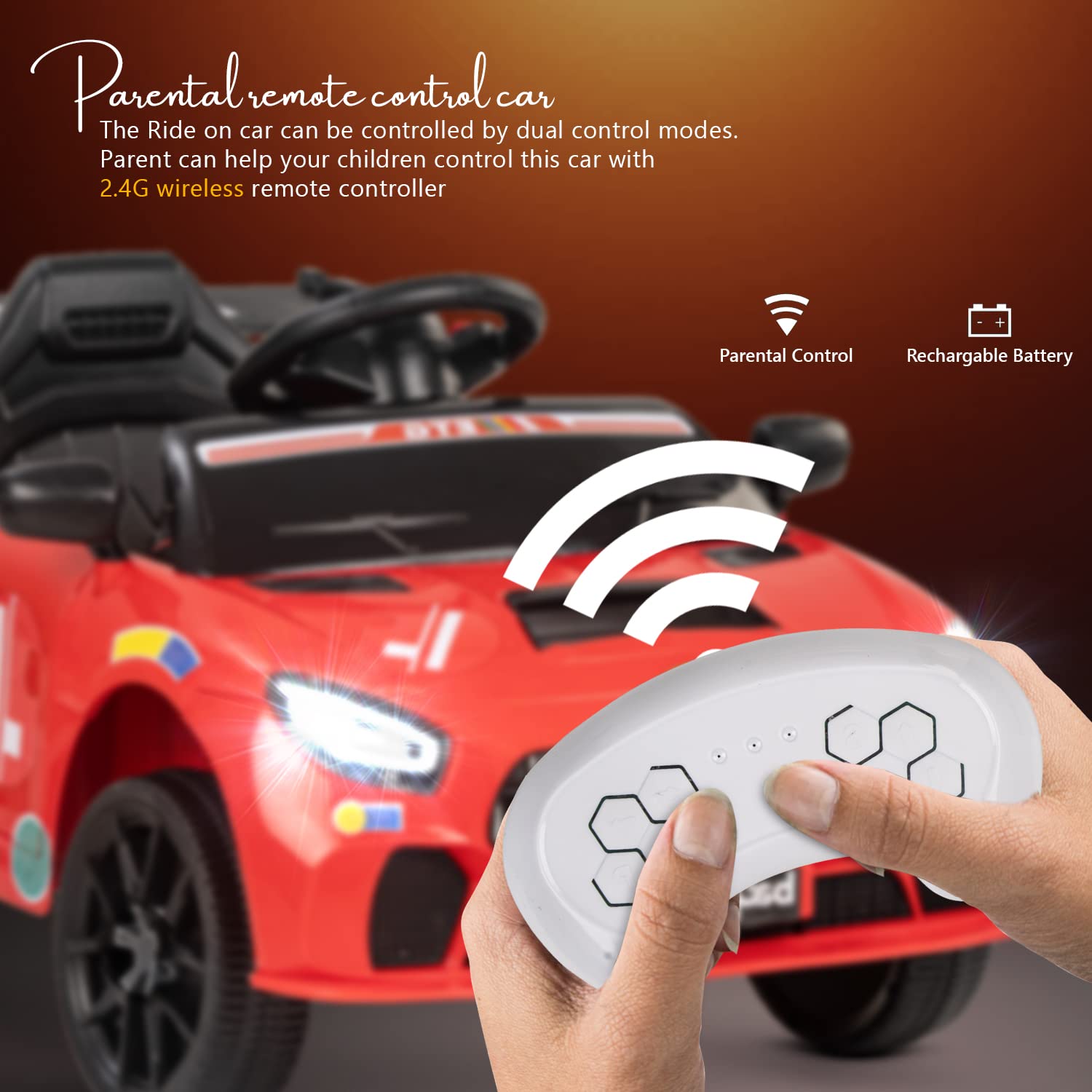 Minikin Avalon Electric Battery Operated Car I LED Lights and Music I RC Control & Accelerator Pedal I 1-4 Years I Red