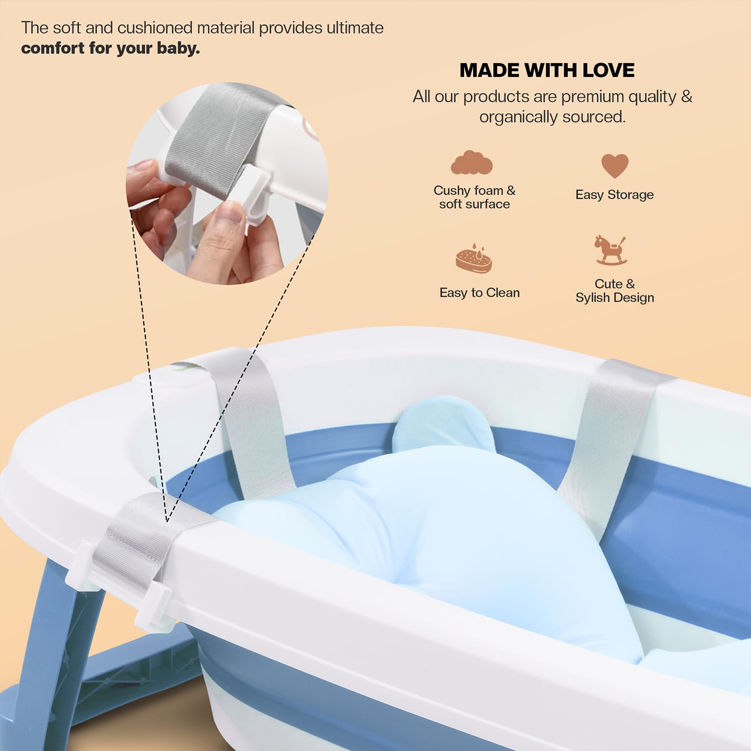 Minikin Avery Collapsible Bathtub for Kids I Fold after Use I Support Cushion & Drainer I 1-3 Years