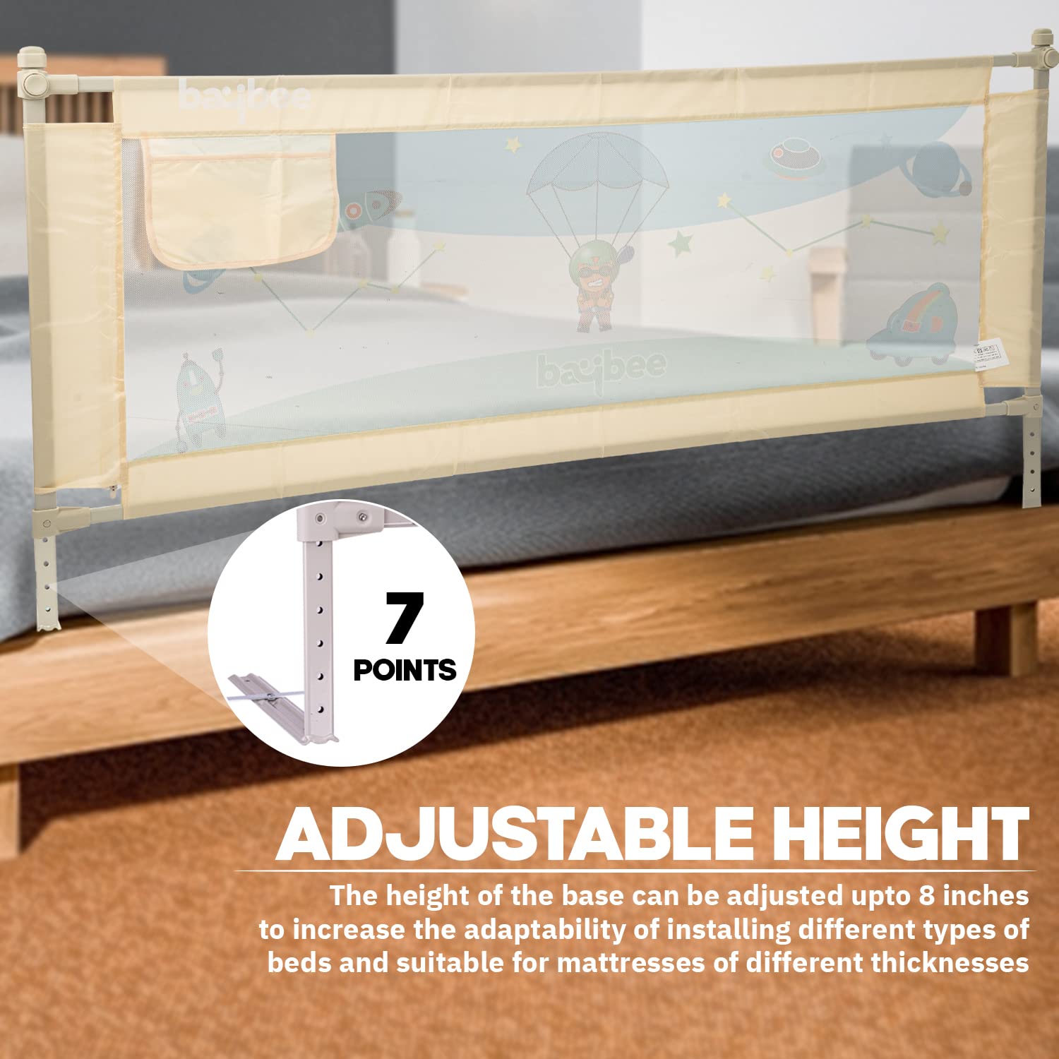 Minikin Bed Rail Safety Guard I Anti Fall Barrier for Baby I Foldable Design I 180x63 cms