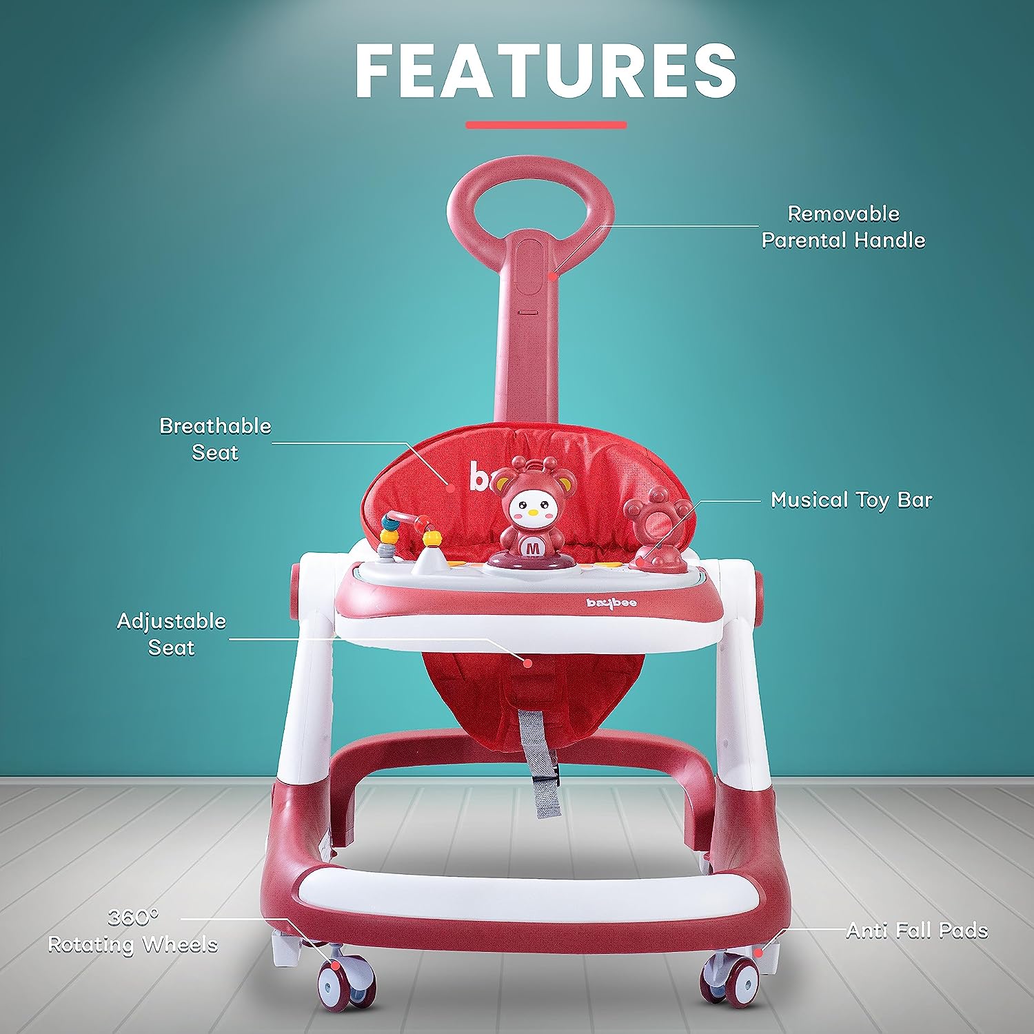 Minikin Magnum 2 IN 1 Baby Walker for Kids I Parental Push Handle & Height Adjustable Seat I Foldable Design I Musical Toy Bar
