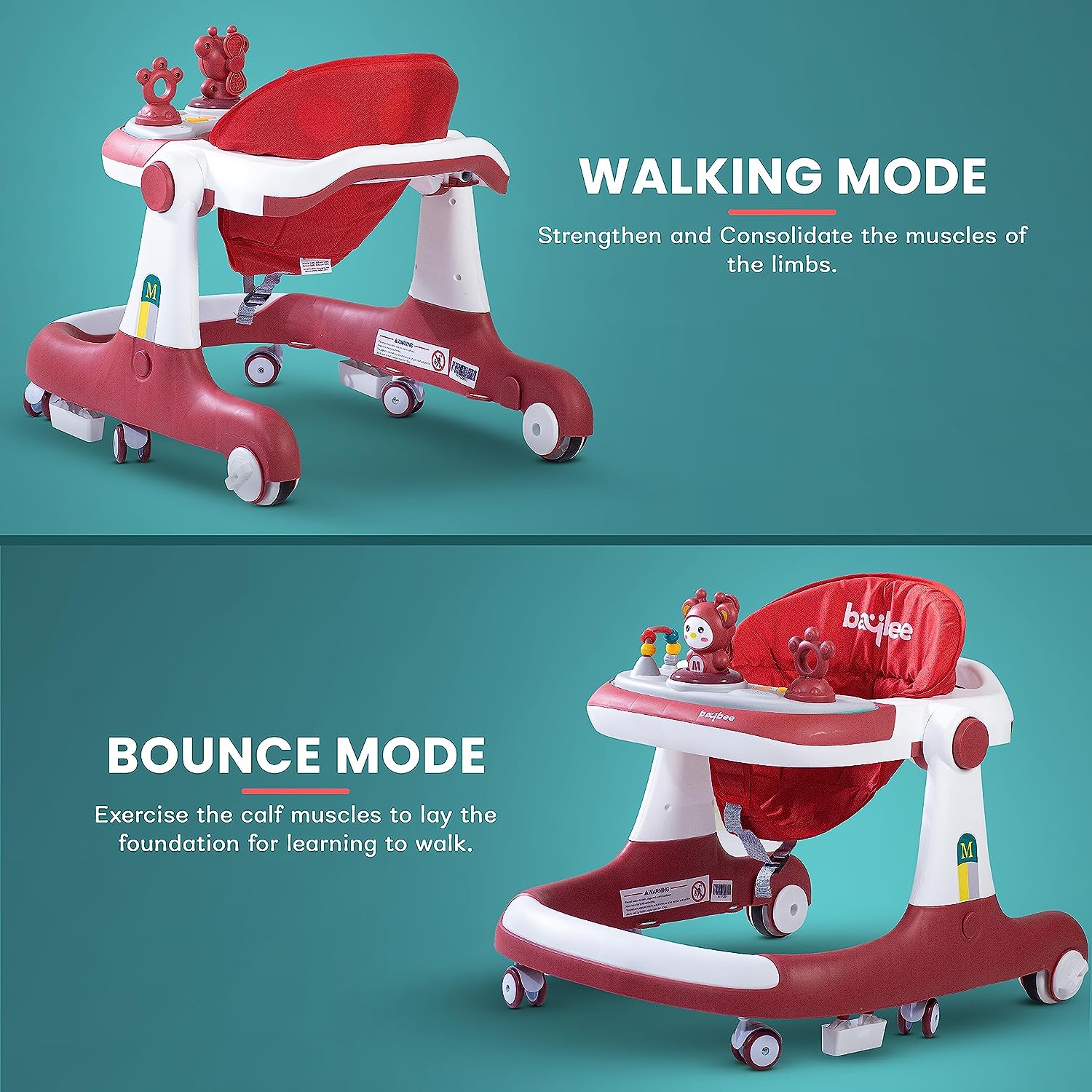 Minikin Magnum 2 IN 1 Baby Walker for Kids I Parental Push Handle & Height Adjustable Seat I Foldable Design I Musical Toy Bar