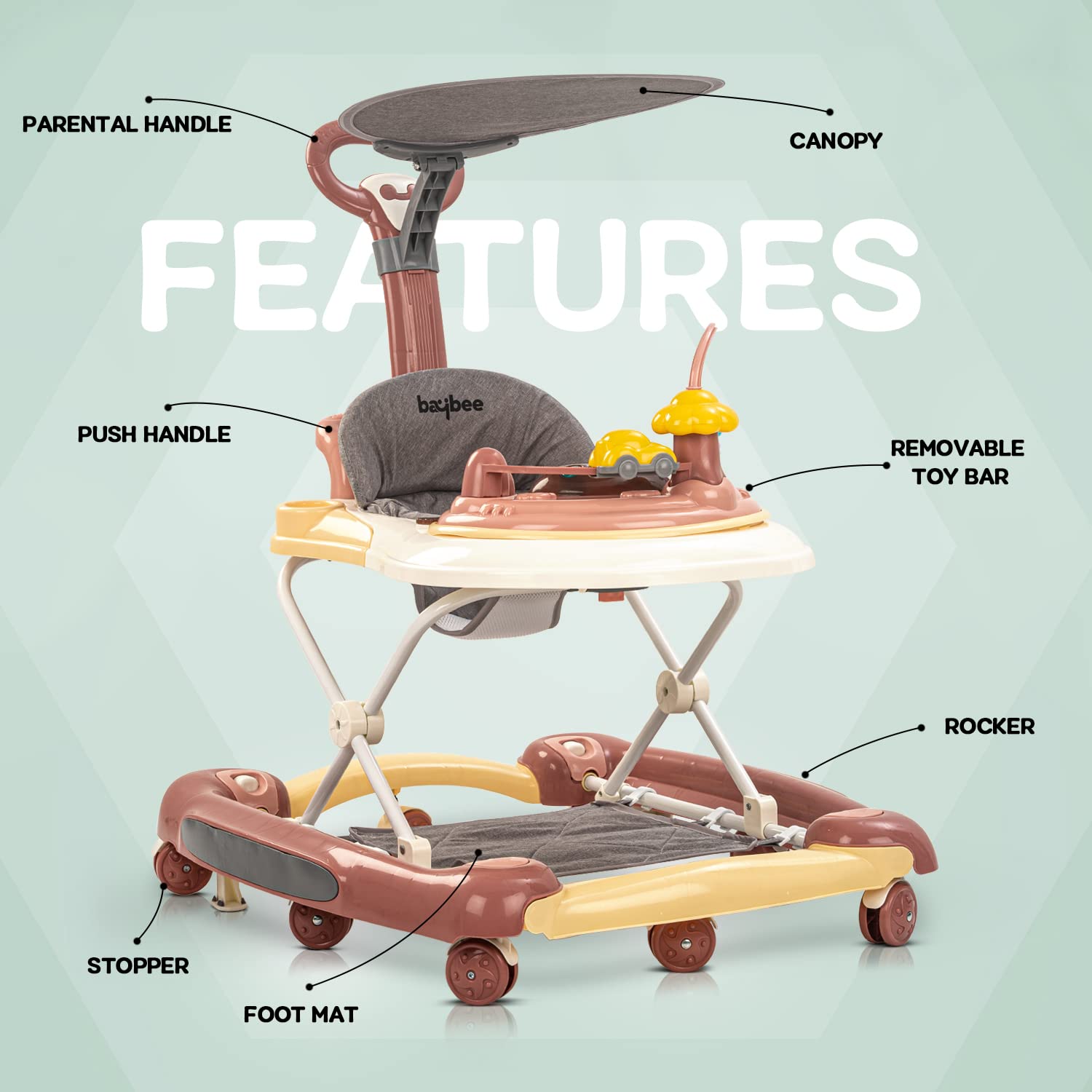 Minikin Elvira 2in1 Baby Walker with Canopy I Rocking Chair I Parental Control Handle I Interactive Musical Toy Bar I 6-24M I