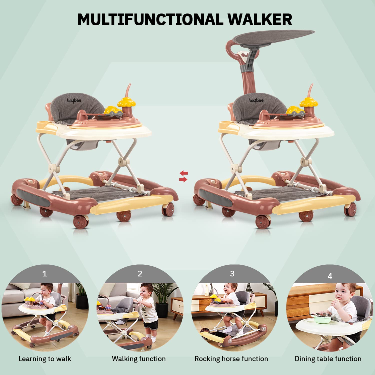 Minikin Elvira 2in1 Baby Walker with Canopy I Rocking Chair I Parental Control Handle I Interactive Musical Toy Bar I 6-24M I