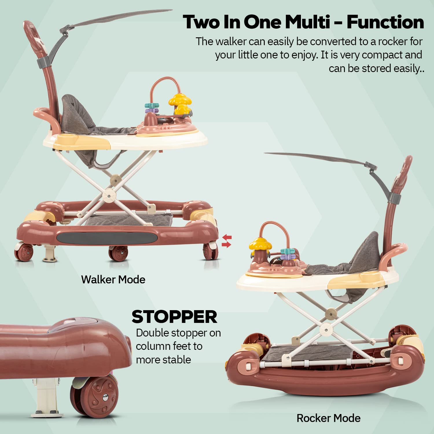 Minikin Elvira 2in1 Baby Walker with Canopy I Rocking Chair I Parental Control Handle I Interactive Musical Toy Bar I 6-24M I