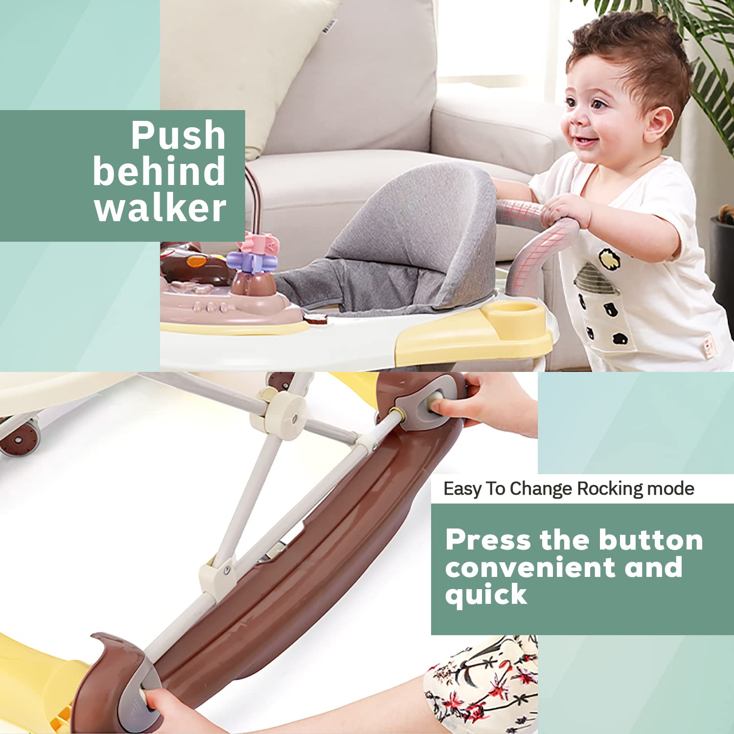 Minikin Elvira 2in1 Baby Walker with Canopy I Rocking Chair I Parental Control Handle I Interactive Musical Toy Bar I 6-24M I