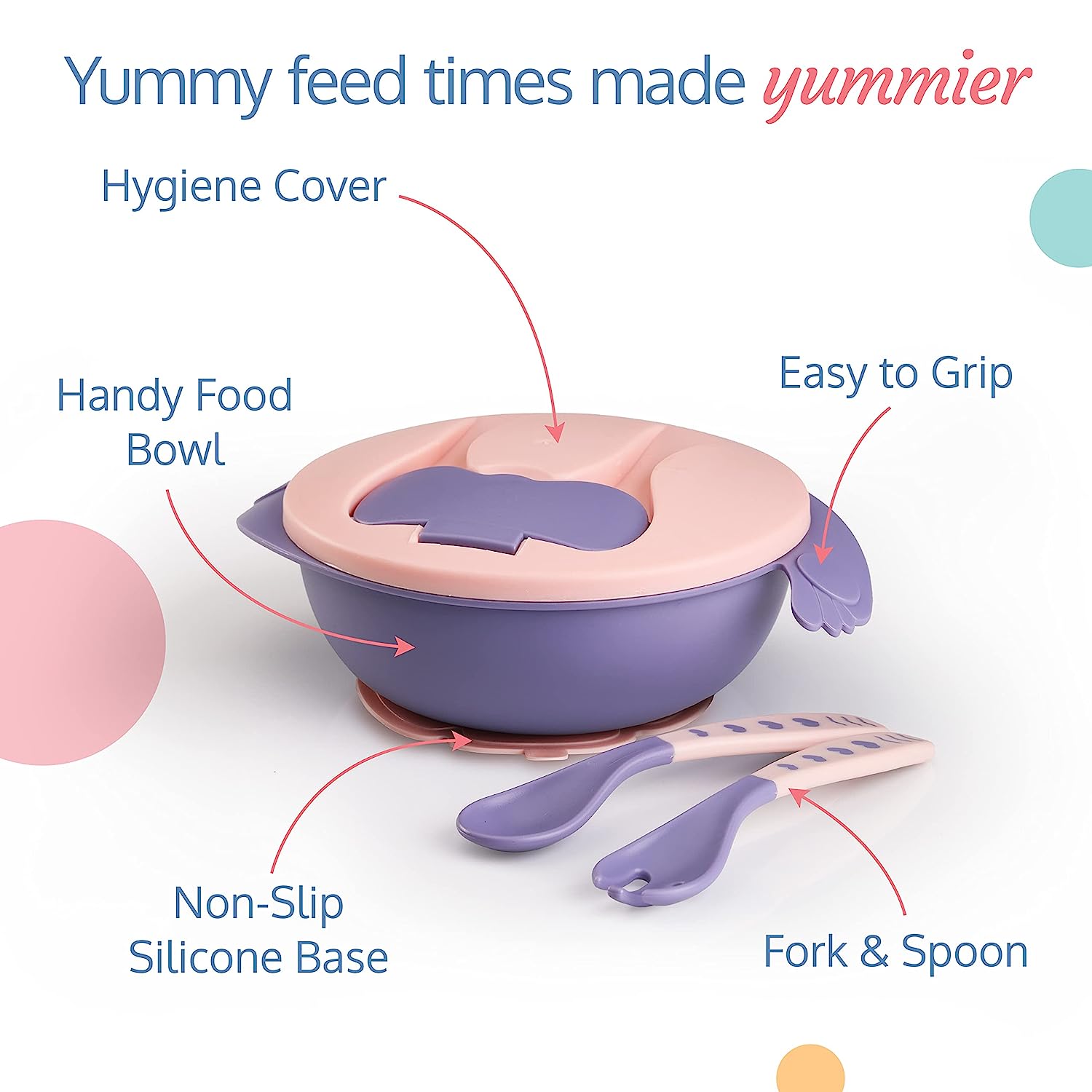 Minikin Baby Feeding Bowl with Divider Plate & Soft Spoon & Fork Set with Lid I Strong Suction Base I Feeding & Weaning