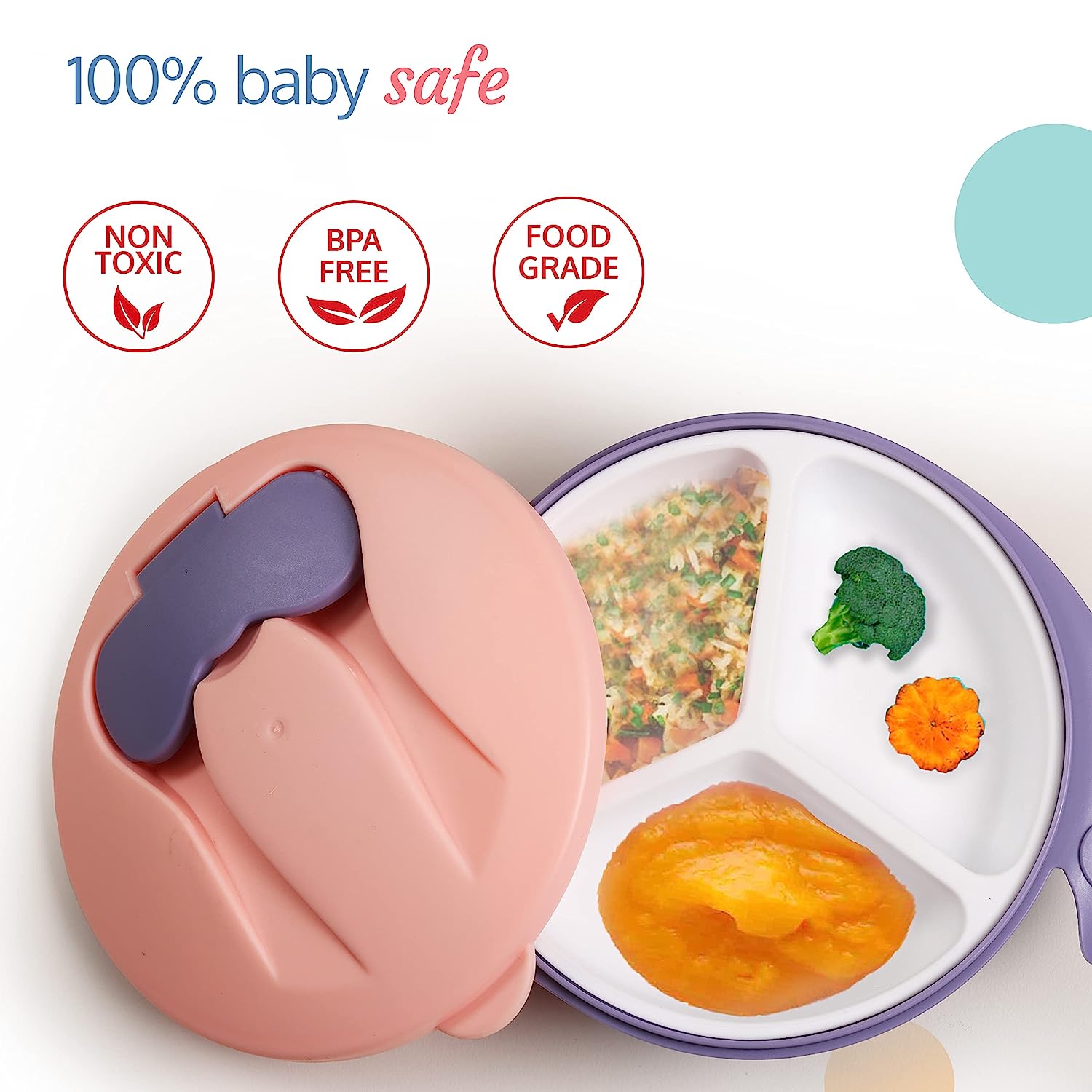 Minikin Baby Feeding Bowl with Divider Plate & Soft Spoon & Fork Set with Lid I Strong Suction Base I Feeding & Weaning