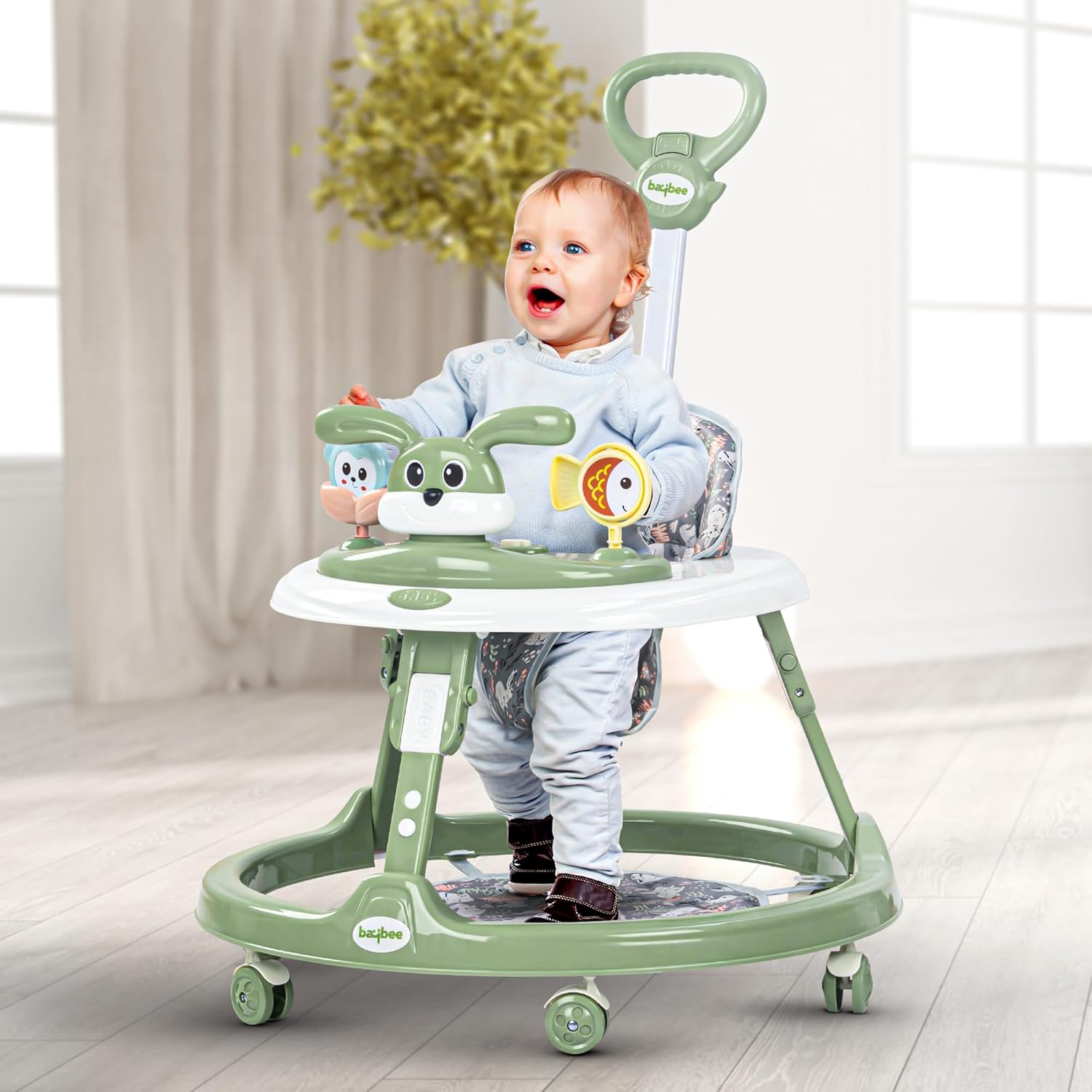Bunny Pro 2-in-1 Baby Walker with Parental Control Bar – Musical Toy, Adjustable Height & Foldable (6 Months to 18 Months)