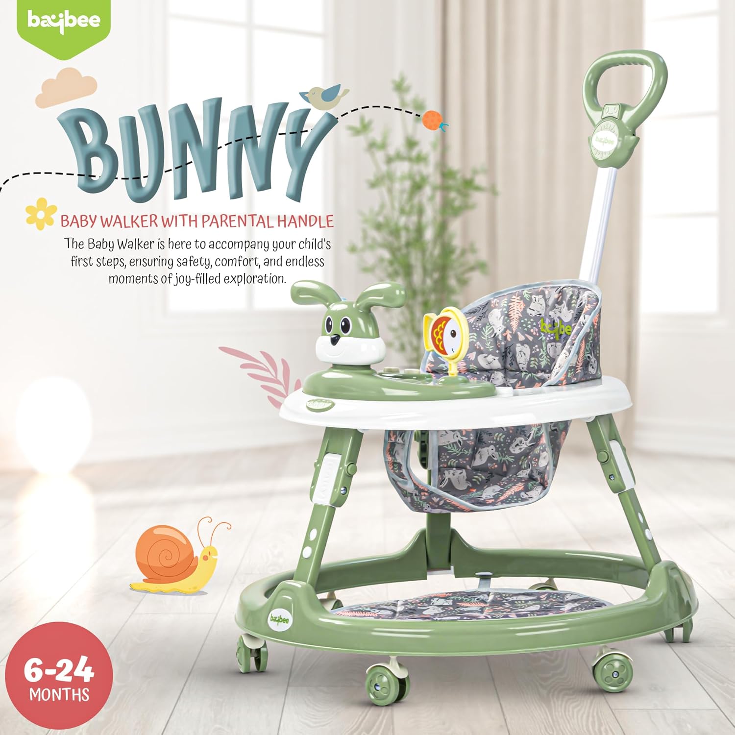 Bunny Pro 2-in-1 Baby Walker with Parental Control Bar – Musical Toy, Adjustable Height & Foldable (6 Months to 18 Months)