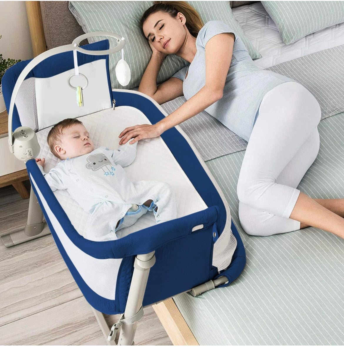 Cradella Baby Bedside Bassinet for Co-sleeping. Multi level height adjustments 0-24M (Grey)