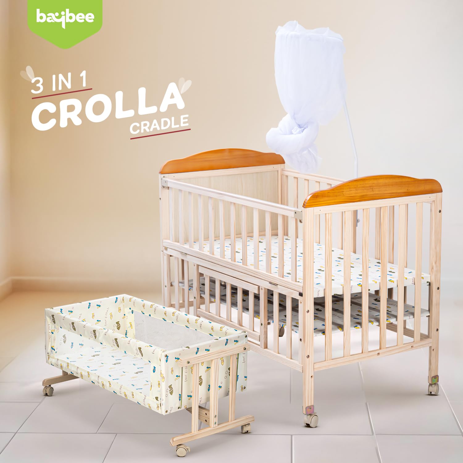 Crolla 3-in-1 Wooden Baby Cradle Convertible Bassinet, Bedside Crib
