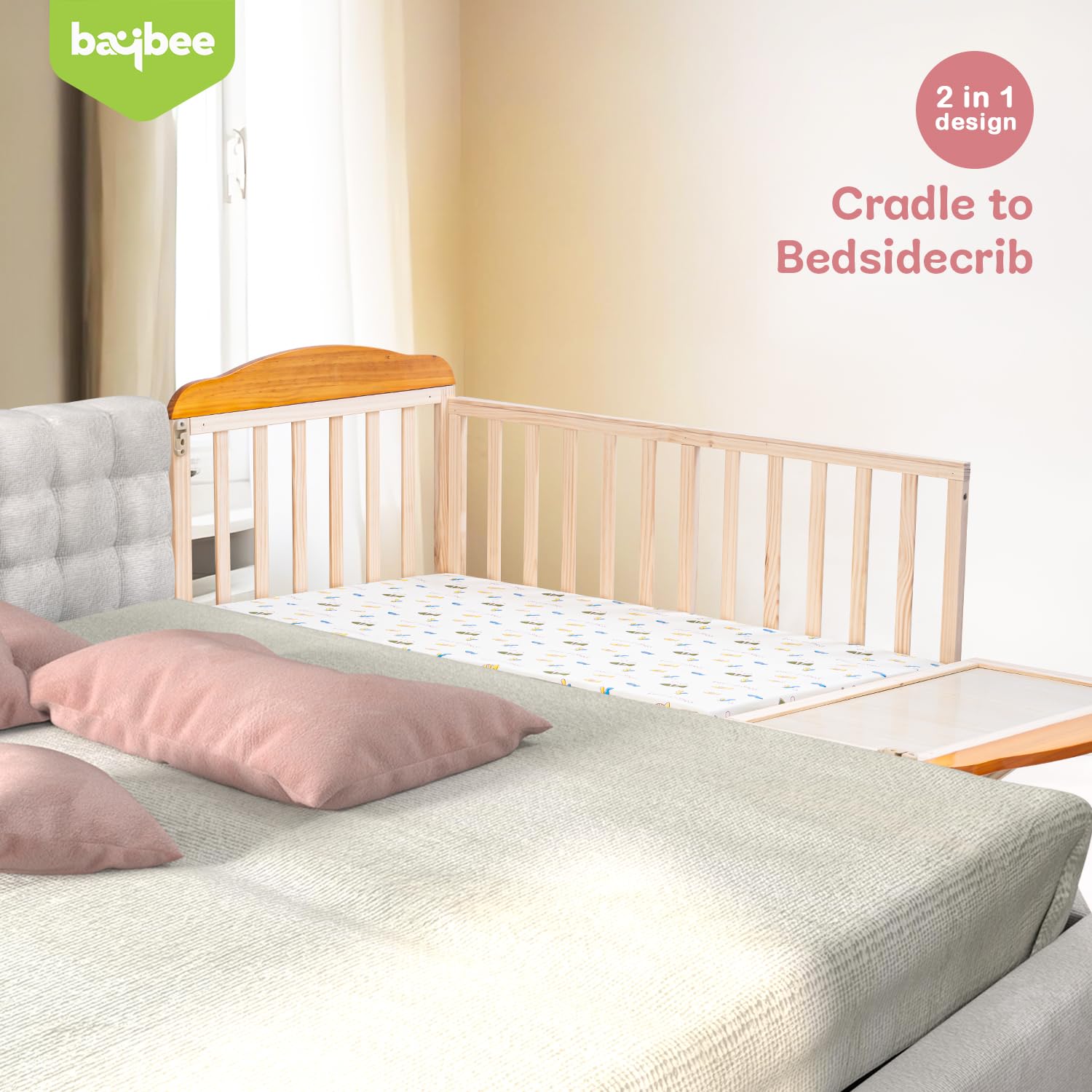 Crolla 3-in-1 Wooden Baby Cradle - Convertible Bassinet, Bedside Crib & Swing with 360° Wheels, Mosquito Net & Storage (Natural)
