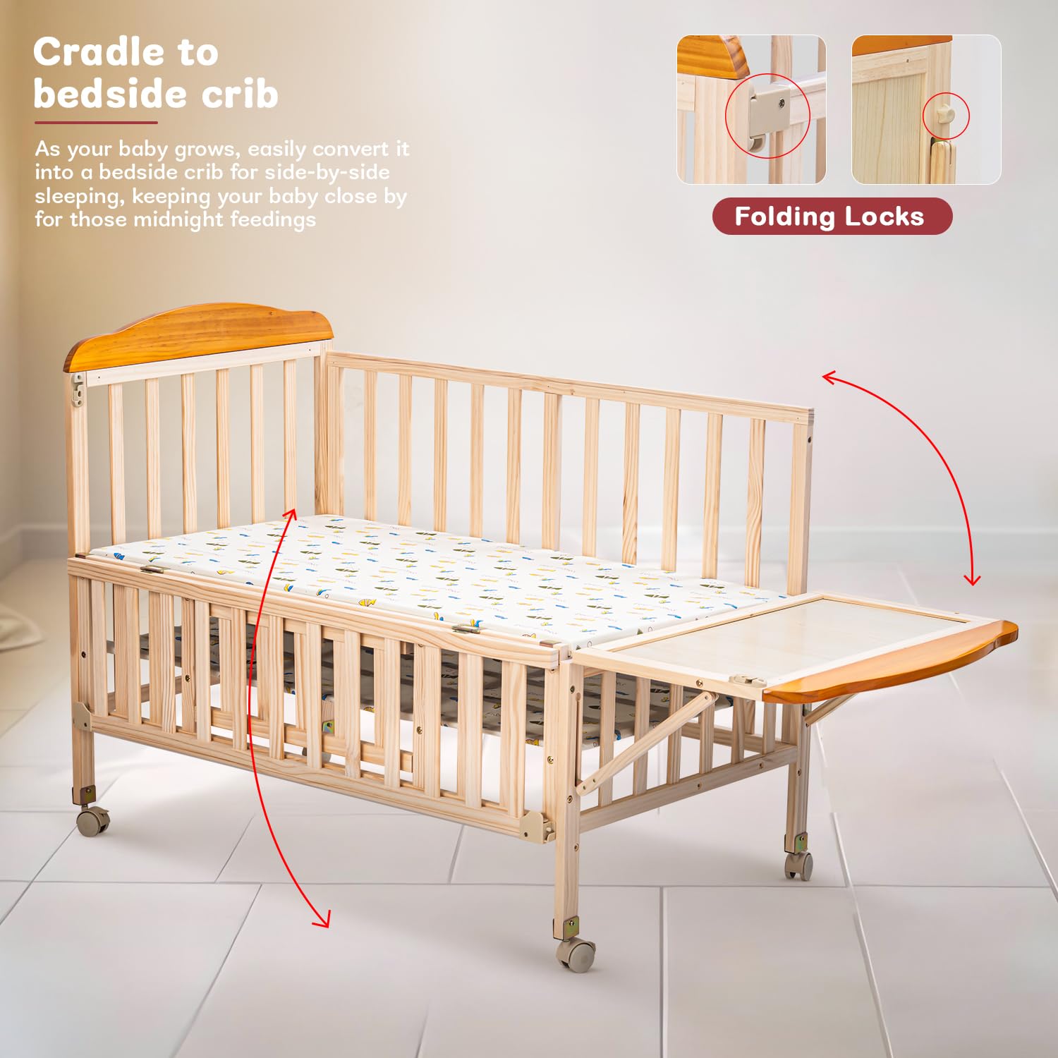 Crolla 3-in-1 Wooden Baby Cradle - Convertible Bassinet, Bedside Crib & Swing with 360° Wheels, Mosquito Net & Storage (Natural)