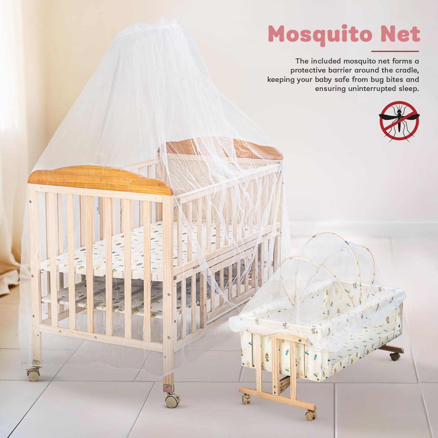Crolla 3-in-1 Wooden Baby Cradle - Convertible Bassinet, Bedside Crib & Swing with 360° Wheels, Mosquito Net & Storage (Natural)