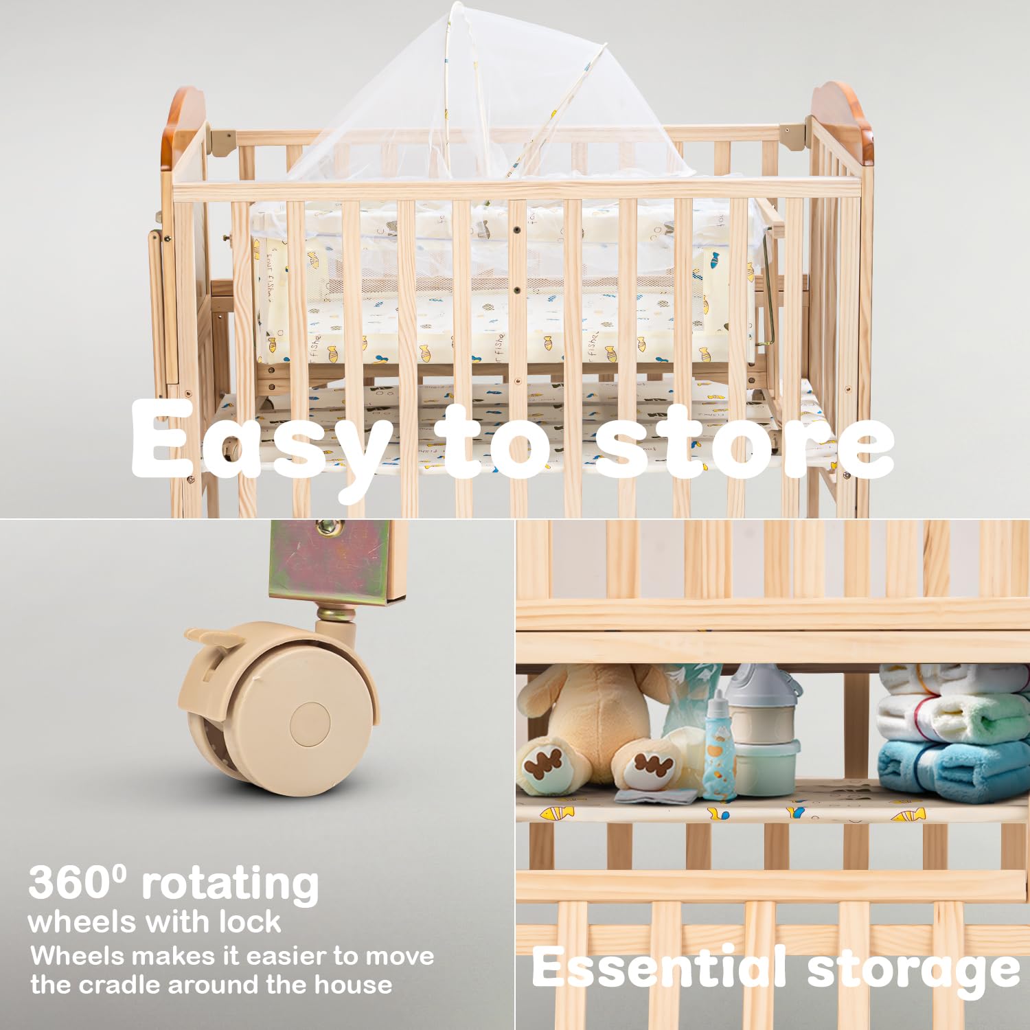 Crolla 3-in-1 Wooden Baby Cradle - Convertible Bassinet, Bedside Crib & Swing with 360° Wheels, Mosquito Net & Storage (Natural)