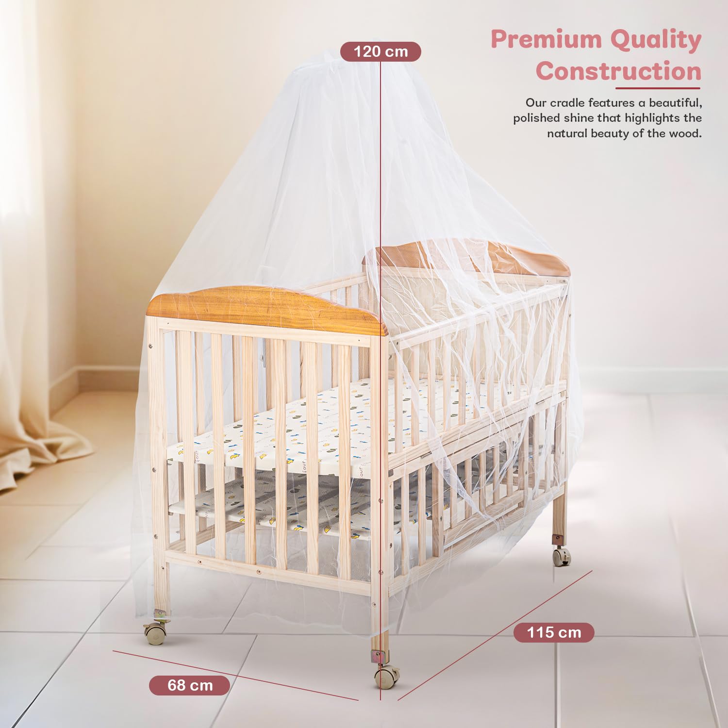 Crolla 3-in-1 Wooden Baby Cradle - Convertible Bassinet, Bedside Crib & Swing with 360° Wheels, Mosquito Net & Storage (Natural)