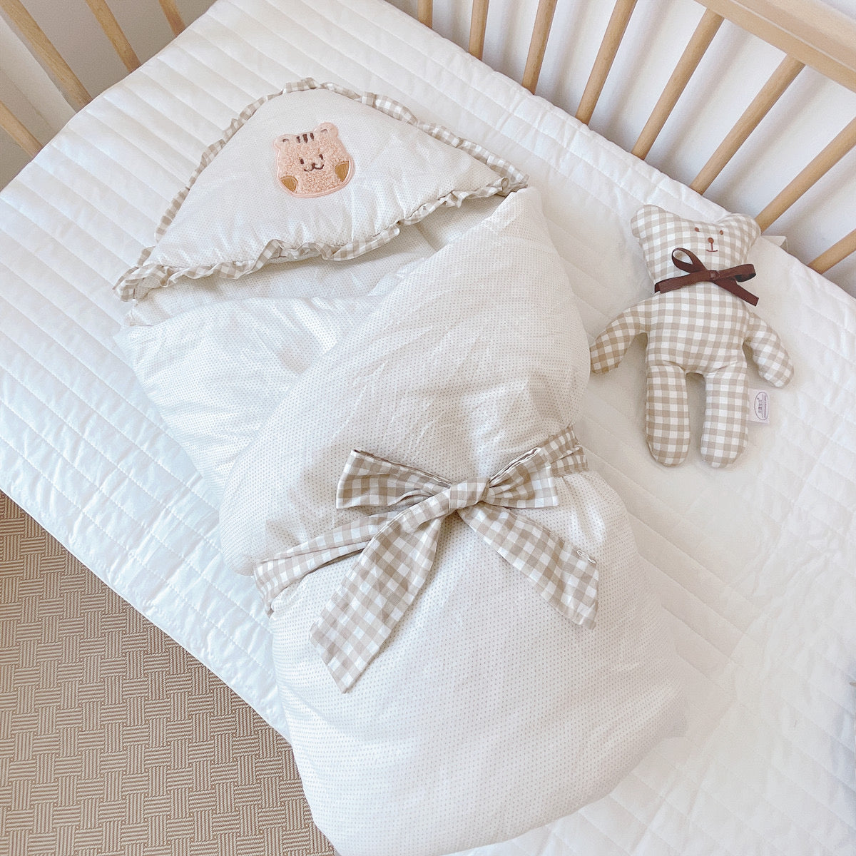 Luxury Quilted Baby Hooded Swaddle Blanket - Brown Checkered Bear, Soft and Cozy Wrapper for Newborns to 12 Months