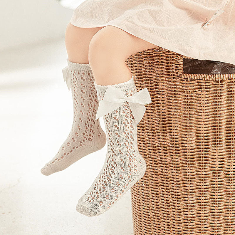 High Knee Bow Mesh Socks for Toddler Girls (NB-3Y) - Stylish & Comfortable
