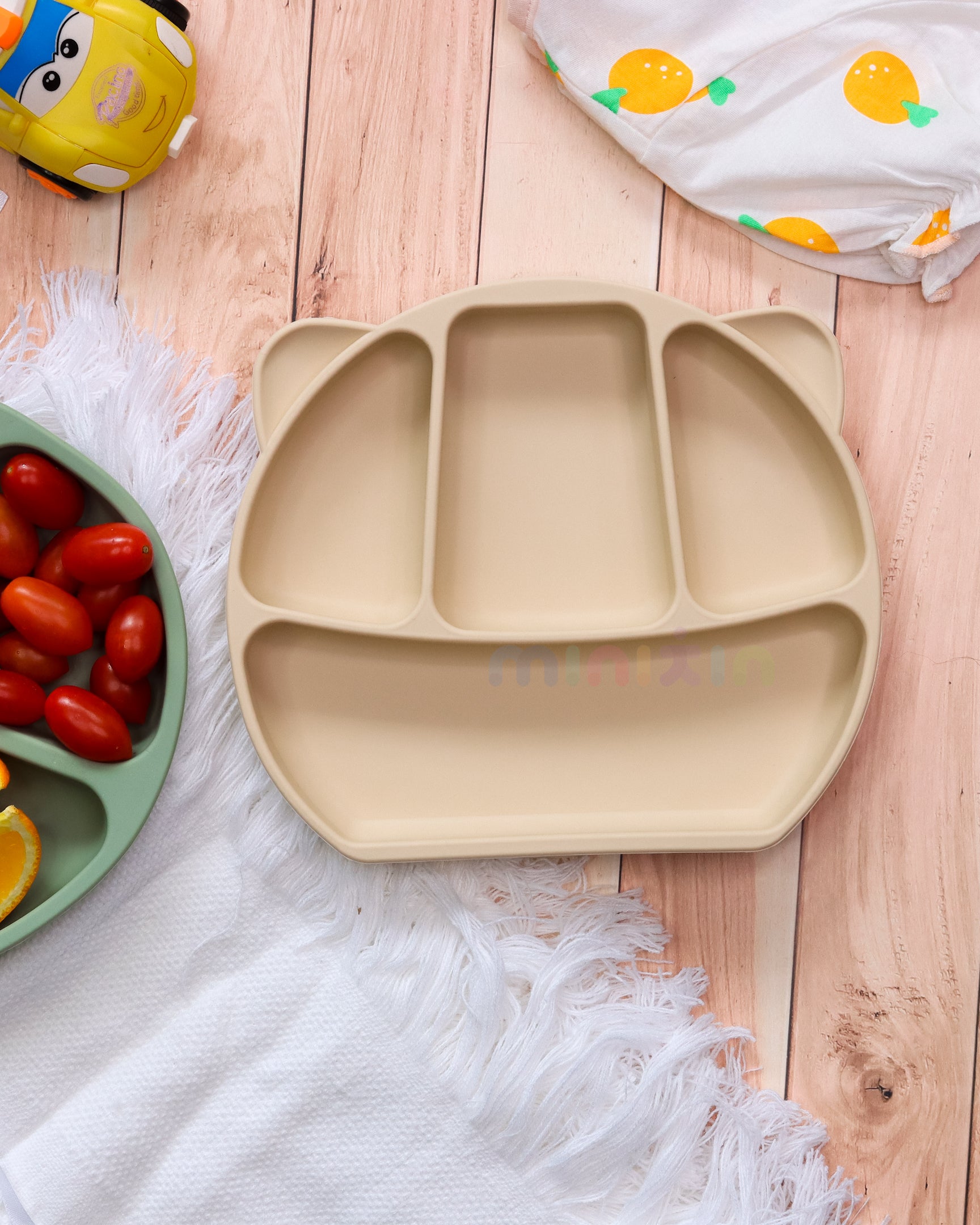 Non-Slip Divided Plate with Suction Base | Encourages Self Eating I BPA-Free 100% Silicone Plate for Baby & Toddler I Beige