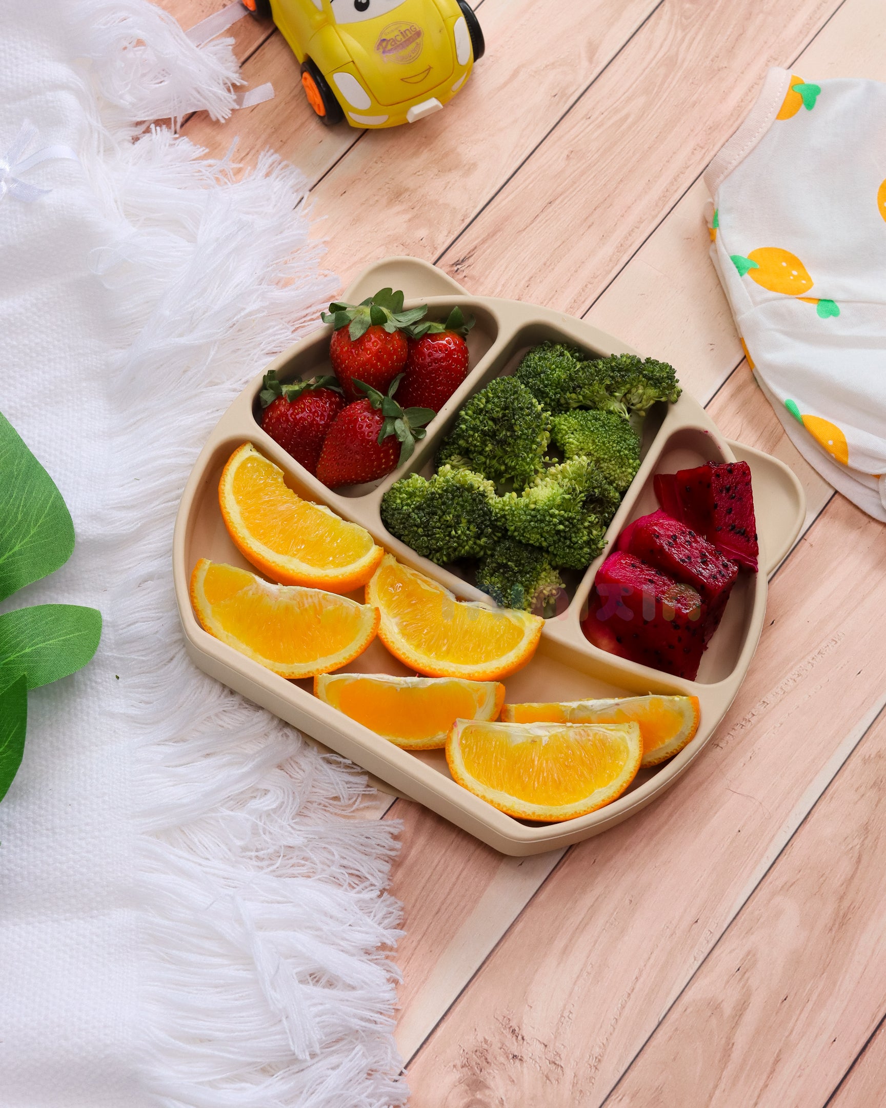 Portion Divided Plate with Suction Base | Encourages Self Eating I BPA-Free 100% Silicone Plate for Baby & Toddler I Beige