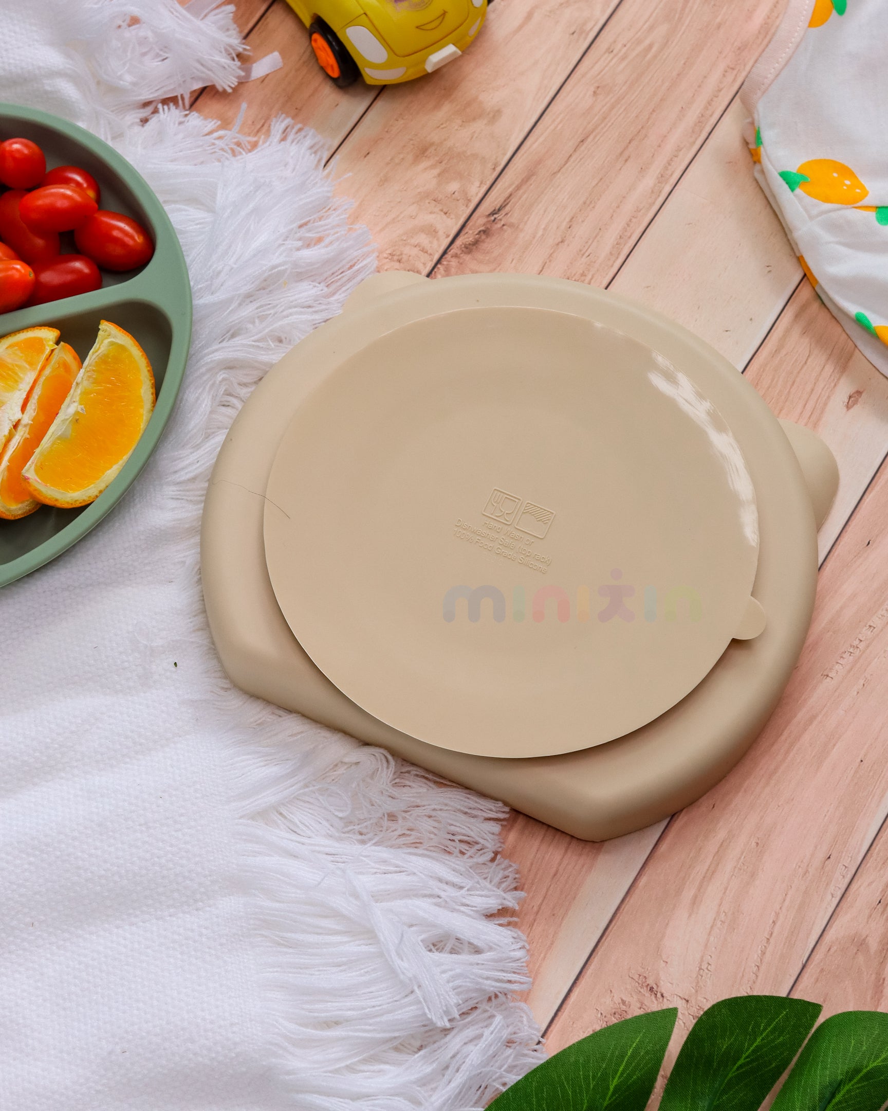Non-Slip Divided Plate with Suction Base | Encourages Self Eating I BPA-Free 100% Silicone Plate for Baby & Toddler I Beige