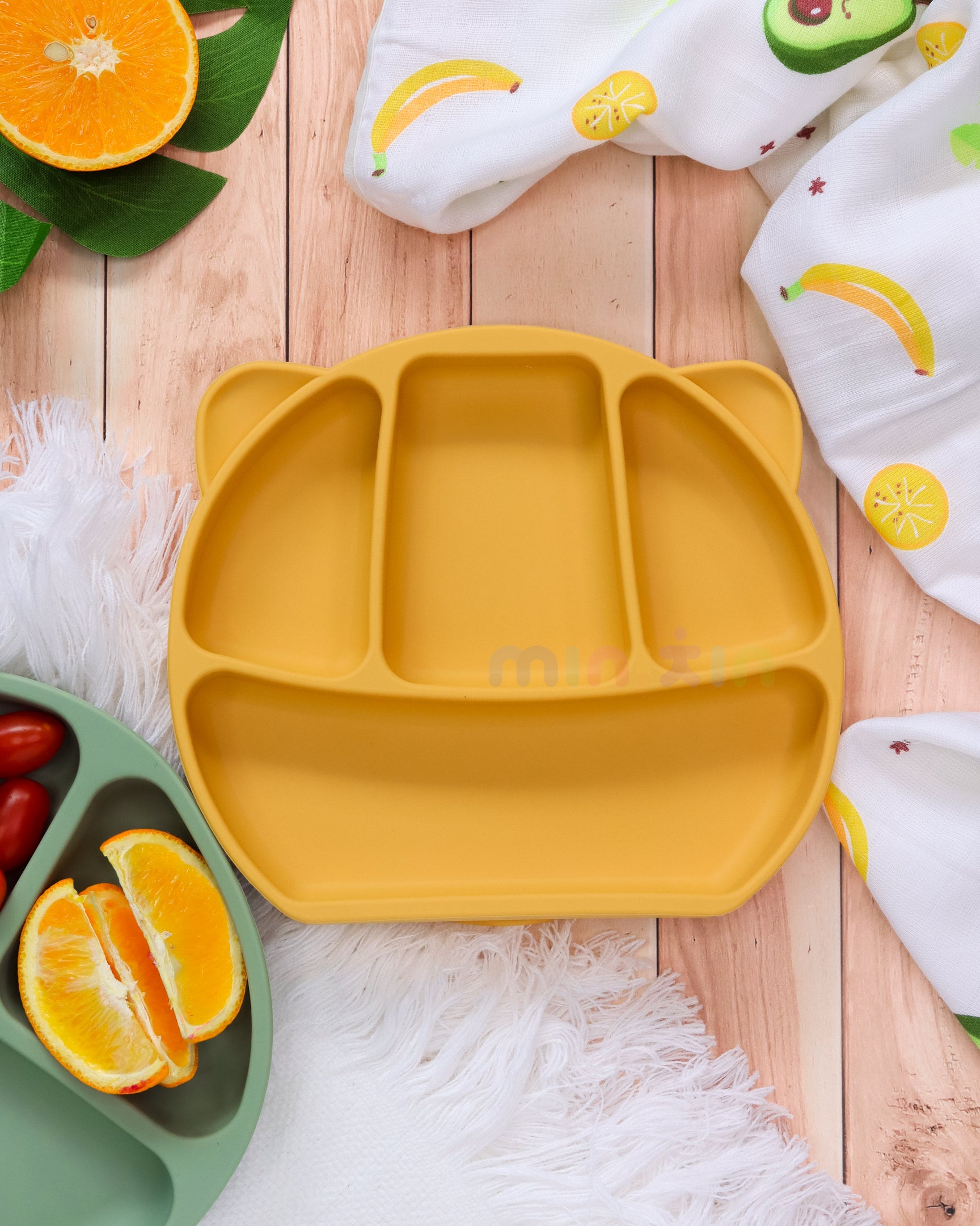 Portion Divided Plate with Suction Base | Encourages Self Eating I BPA-Free 100% Silicone Plate for Baby & Toddler I Mustard
