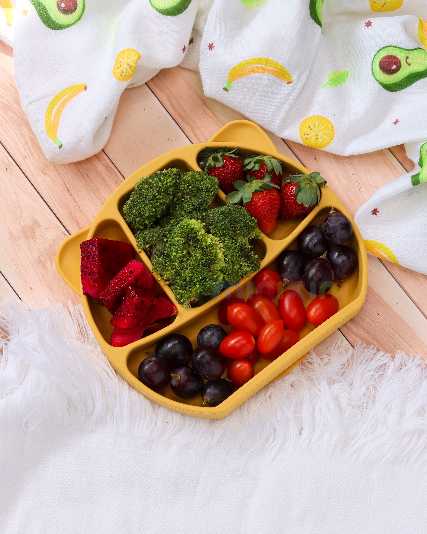 Portion Divided Plate with Suction Base | Encourages Self Eating I BPA-Free 100% Silicone Plate for Baby & Toddler I Mustard