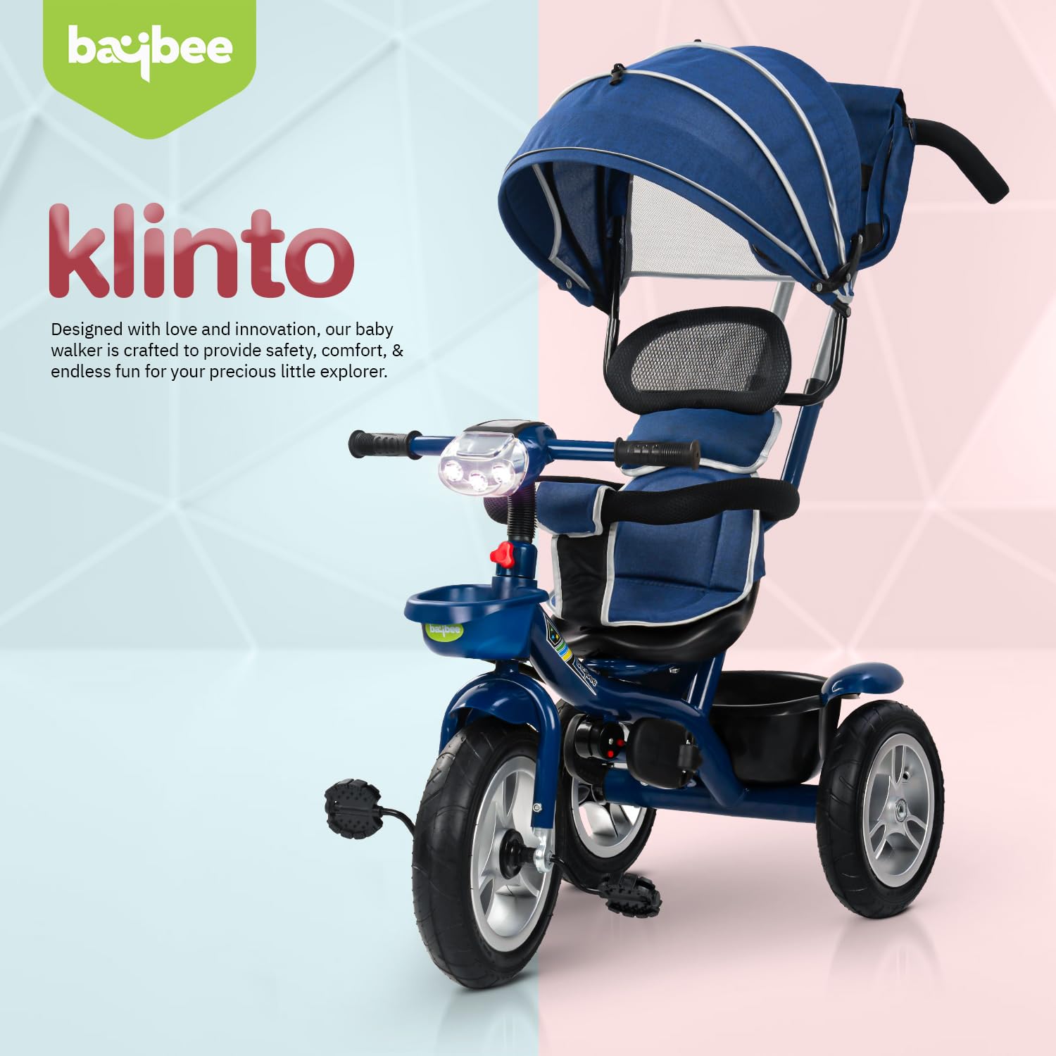Minikin Klinto in Baby Trike Rubber Wheels Parental Push Bar Canopy Anti-Fall Guard 6M Years