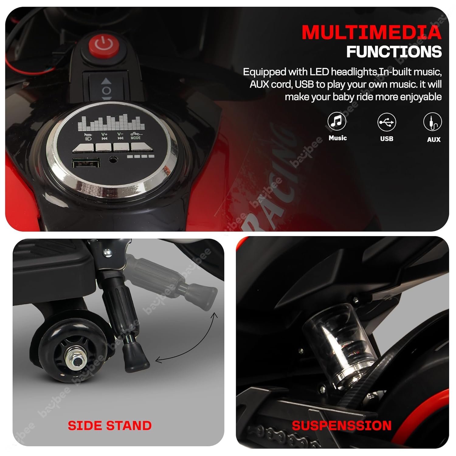 Minikin Diablo Racing Rechargeable Bike | Handle Accelerator | Support Wheels | 2-8 Years