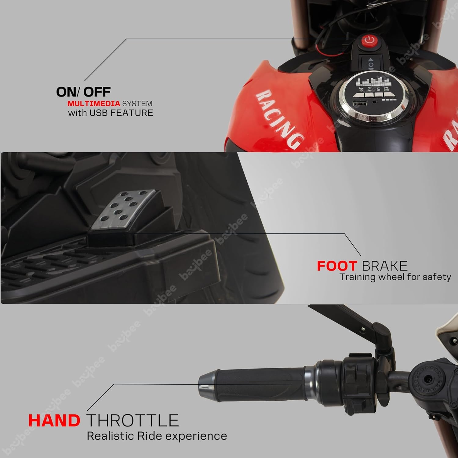 Minikin Diablo Racing Rechargeable Bike | Handle Accelerator | Support Wheels | 2-8 Years