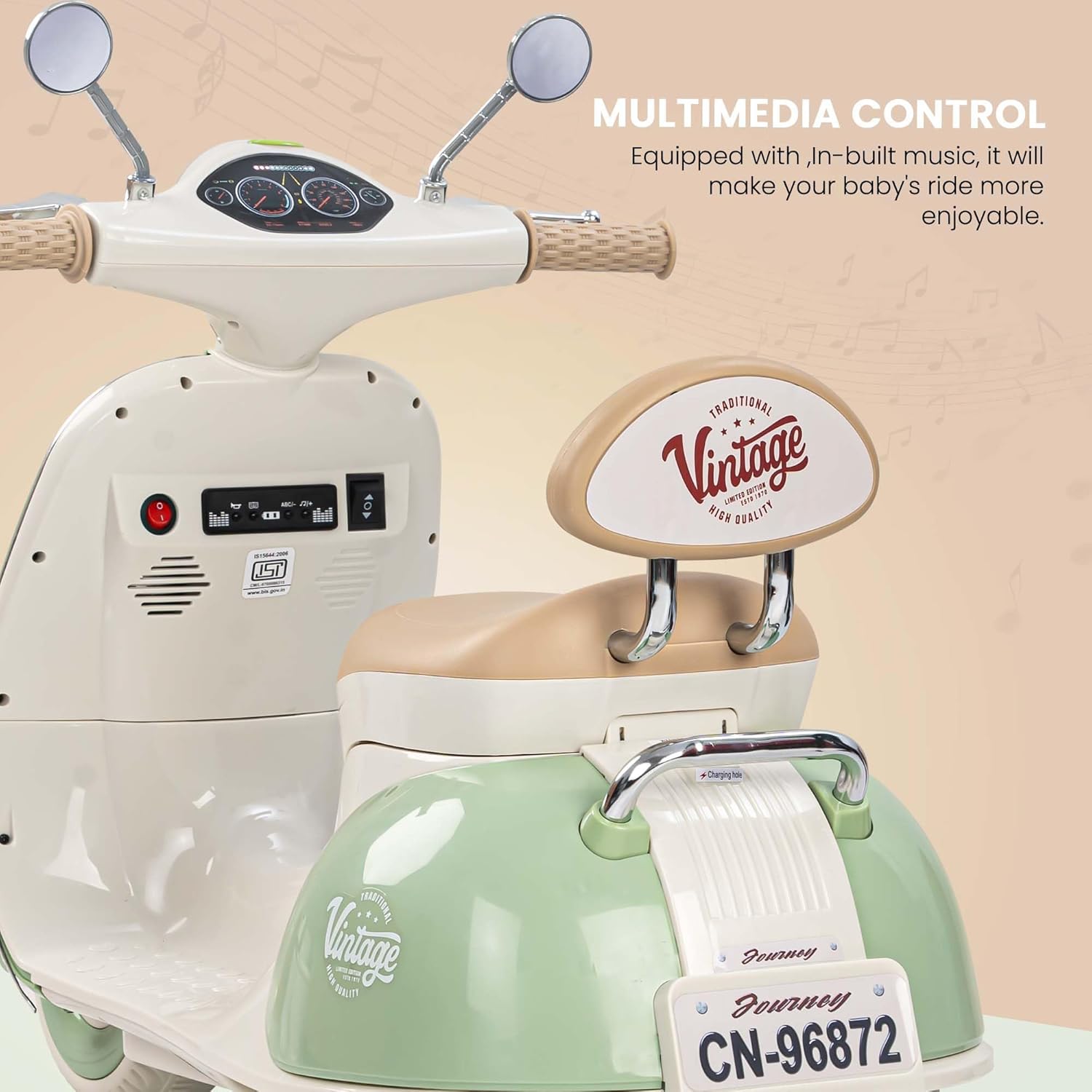 Vintage Vespa Rechargeable Kids Scooty with Light & Music | 1-4 Years | Boys/Girls
