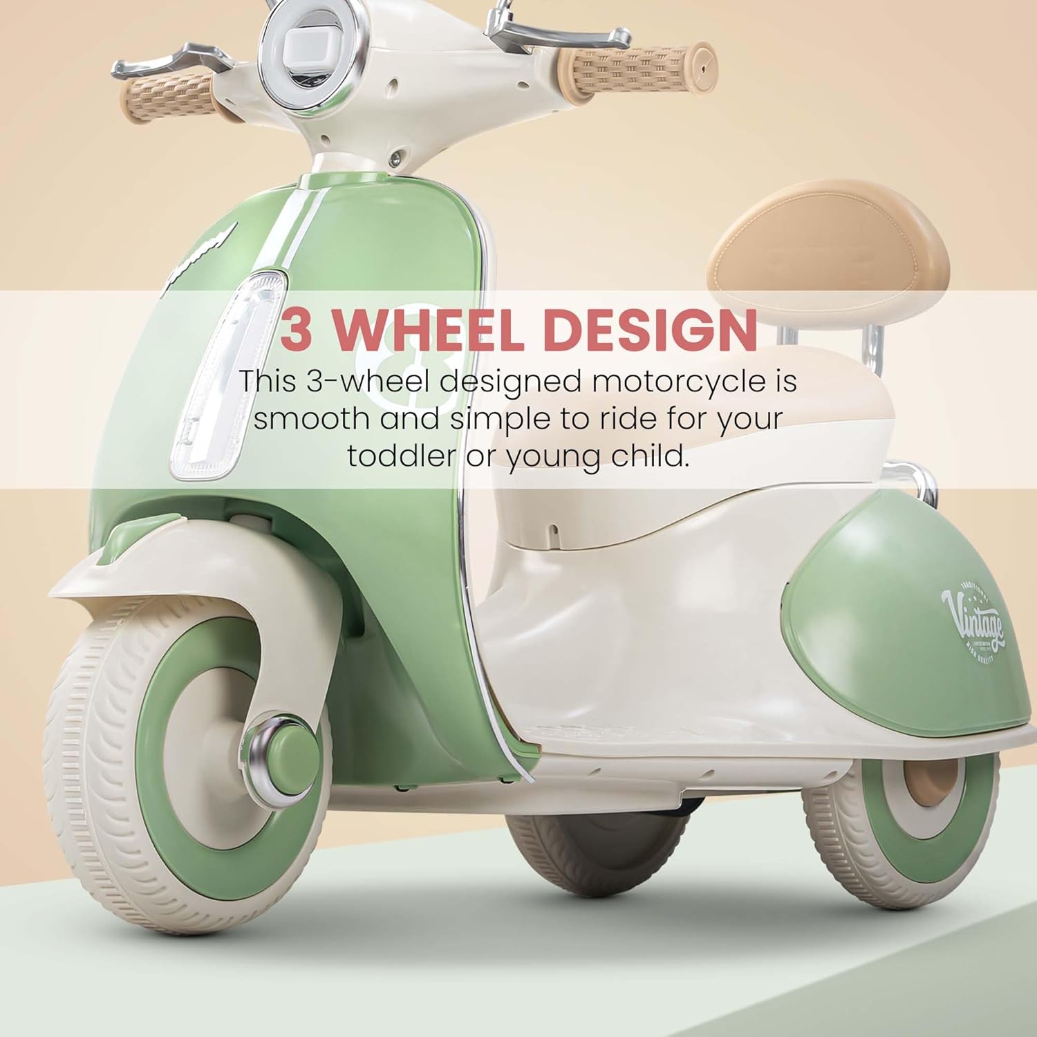 Vintage Vespa Rechargeable Kids Scooty with Light & Music | 1-4 Years | Boys/Girls