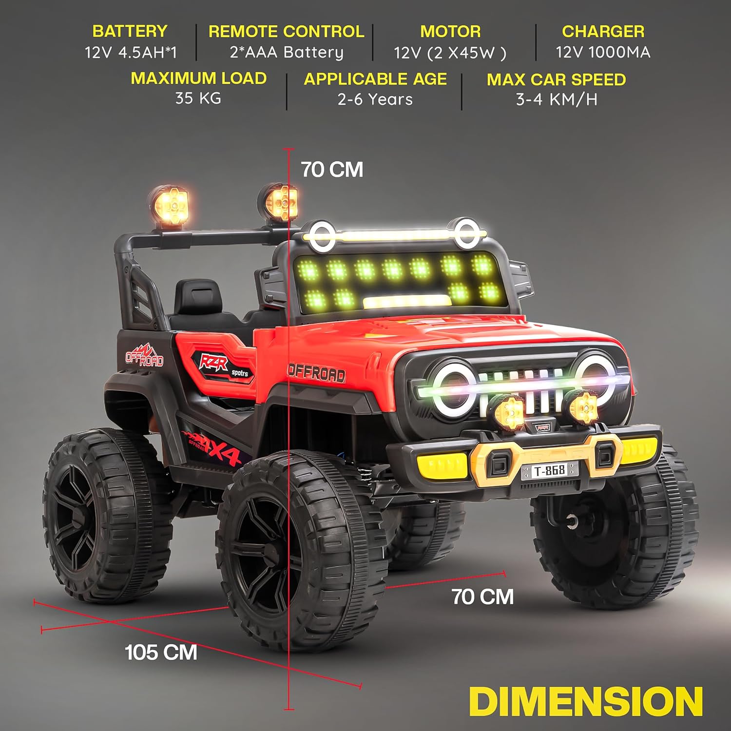 Minikin Blitz 4x4 Electric Rechargeable Jeep I LED Head Lights & Music I 1-7 Years