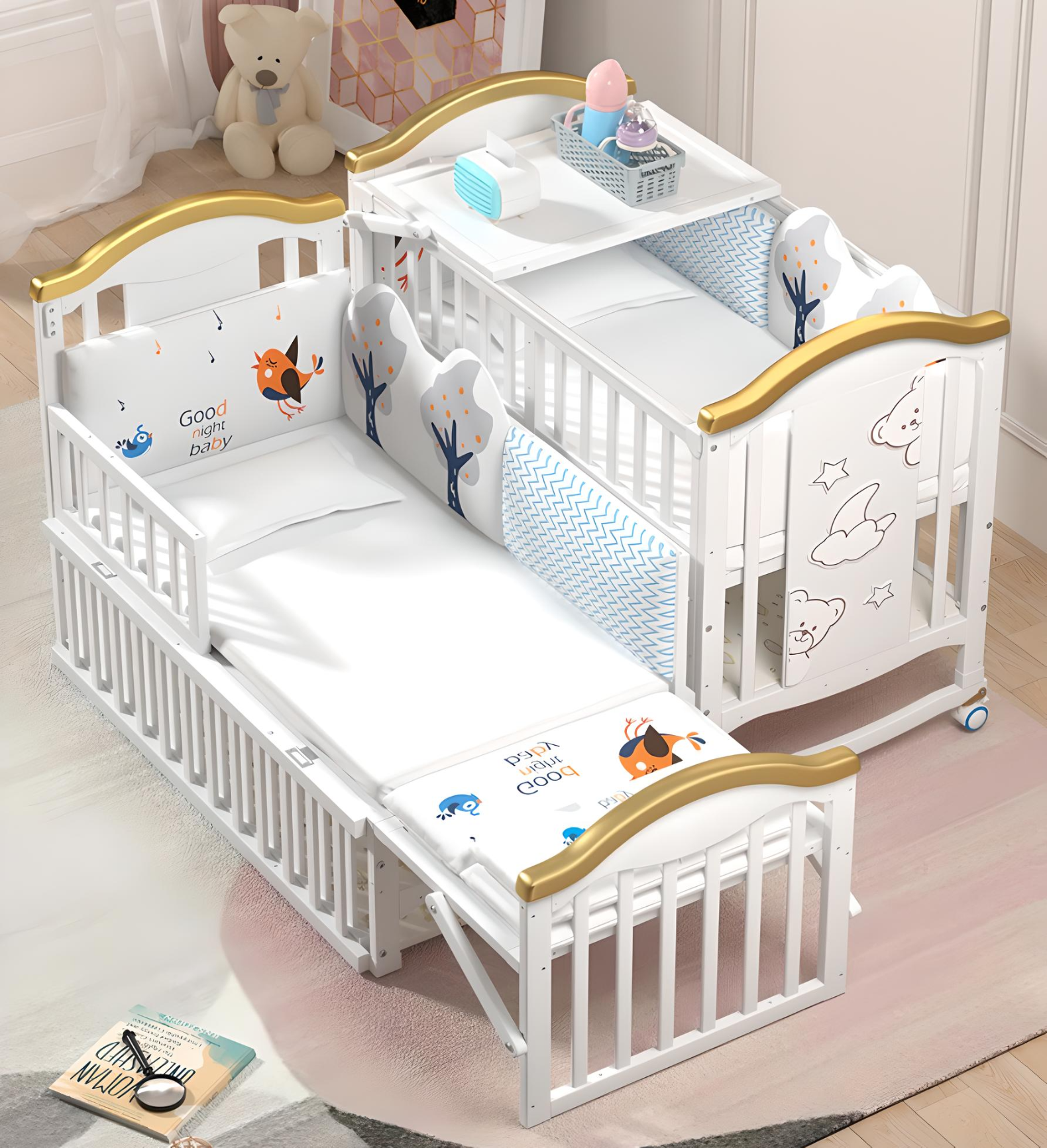 Minikin Emperia Co-Sleeping Extendable Wooden Crib I Mattress & Bumper Bed I NB - 6 Years