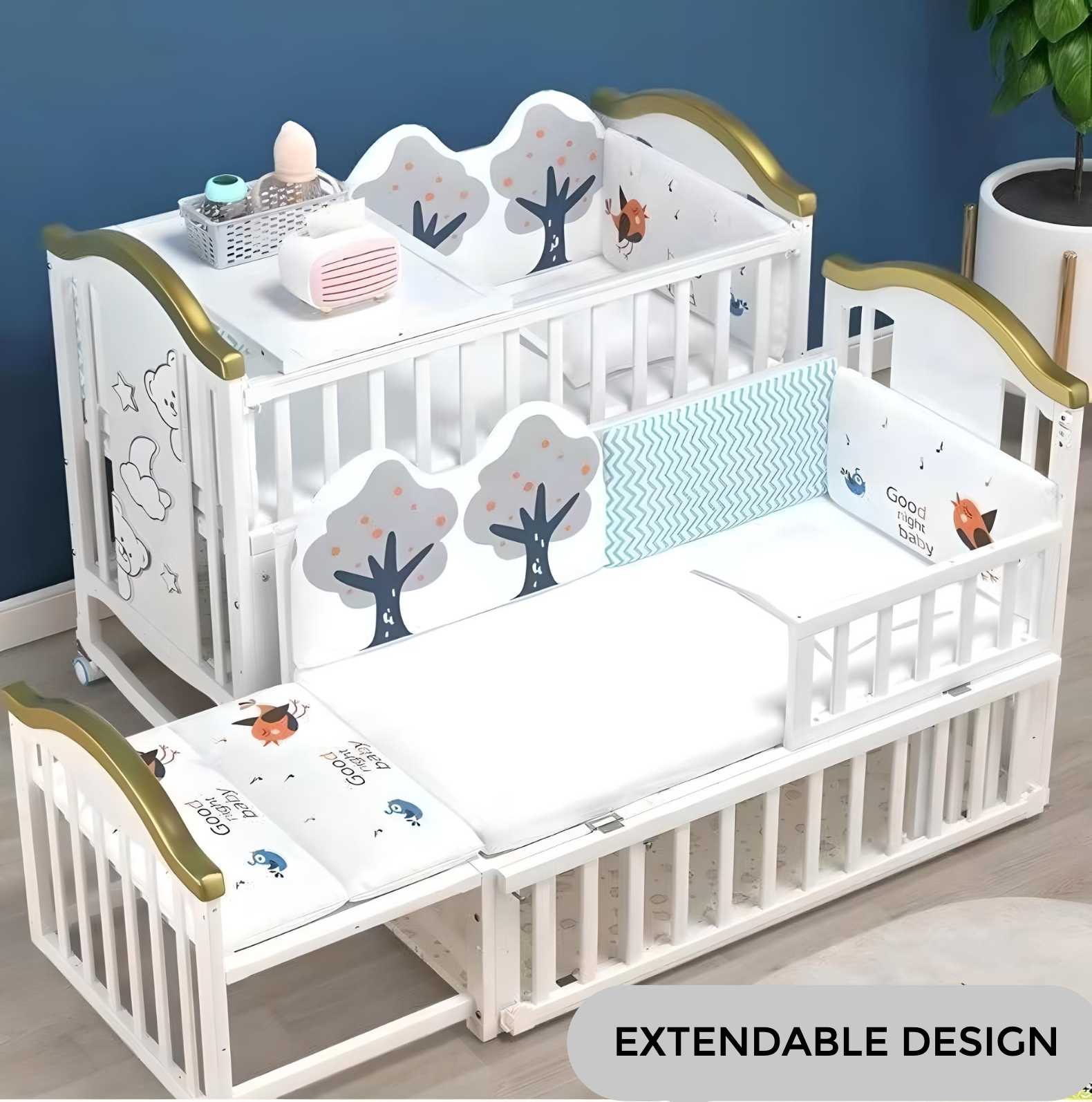 Minikin Emperia Co-Sleeping Extendable Wooden Crib I Mattress & Bumper Bed I NB - 6 Years