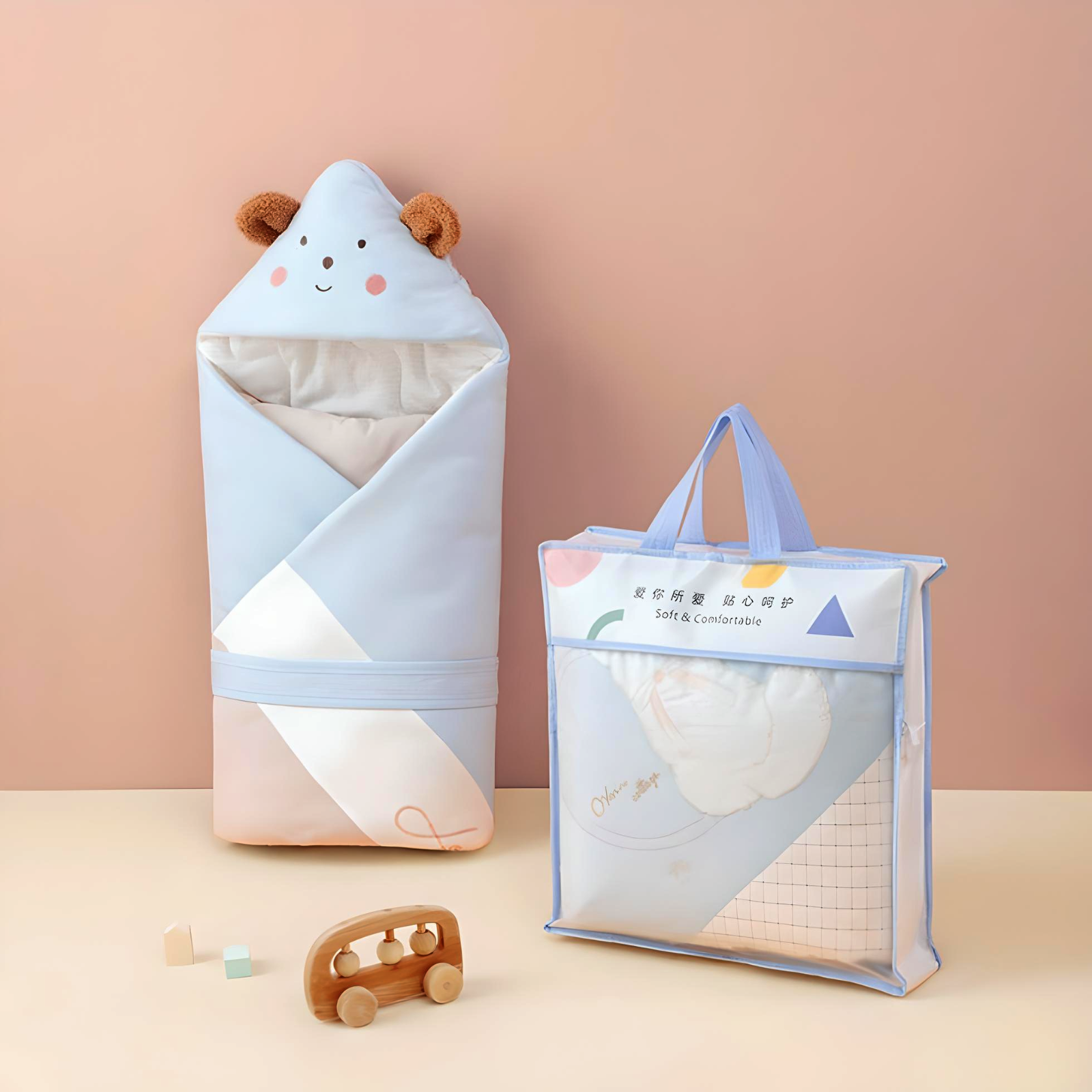 Premium Quilted Receiving Blanket & Swaddle Wrap with Hood - Newborn to 6 Months