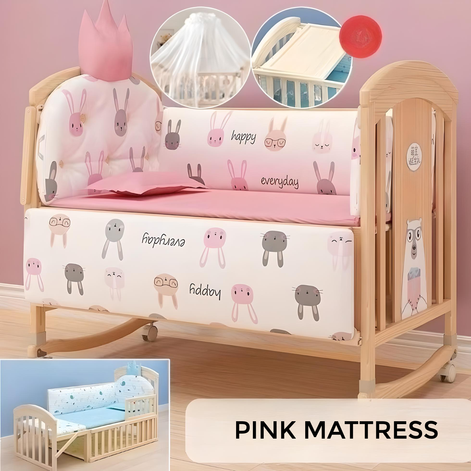 Minikin Multifunctional Extendable Wooden Crib I Mattress & Bumper Beds I NB - 6 Years