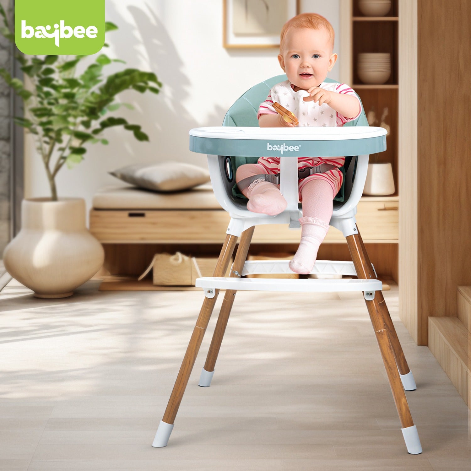 Minikin 2 in 1 Hades High Chair cum Low Chair I Wooden Finish Stainless Steel Base I 6 Months - 3 Years