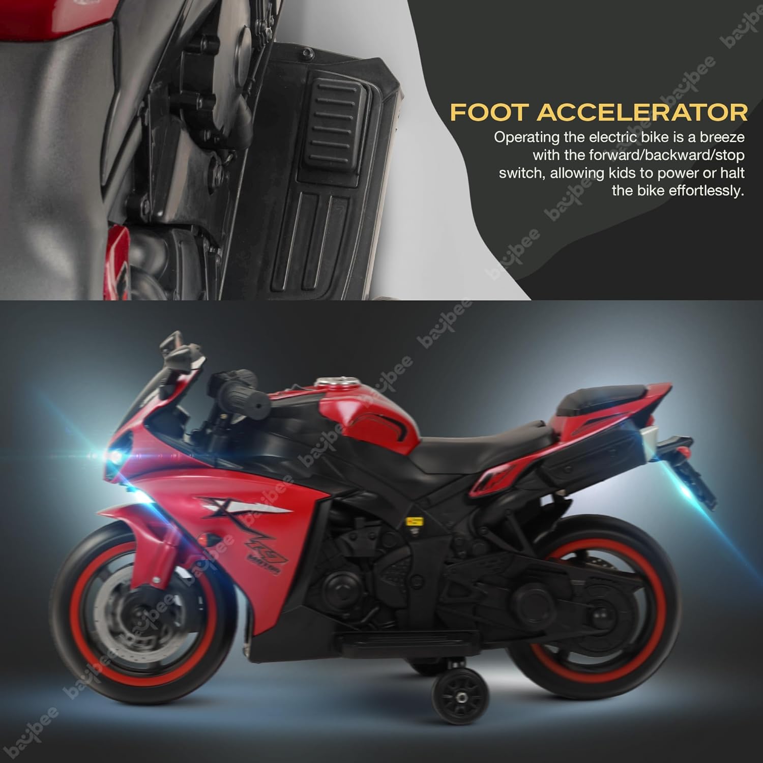 Minikin R7 Electric Rechargeable Kids Bike | Foot Accelerator | LED Lights and Music | 1-4 Years