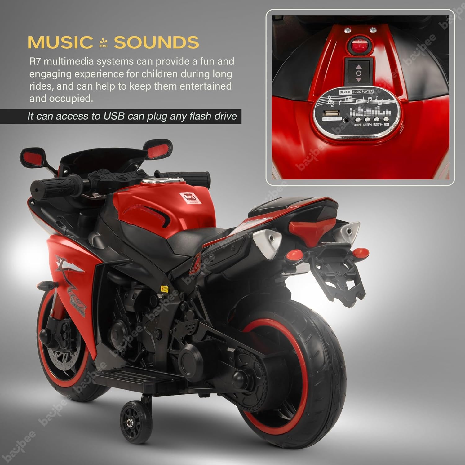 Minikin R7 Electric Rechargeable Kids Bike | Foot Accelerator | LED Lights and Music | 1-4 Years